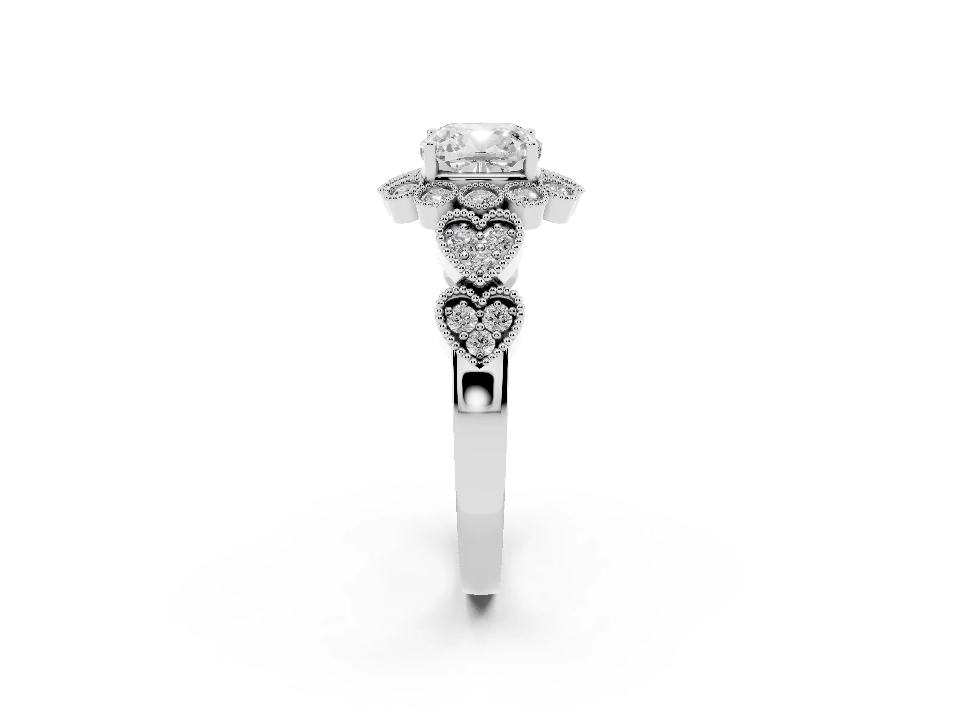 Cushion Cut Diamond Solitaire Ring Set in Platinum with Milgrain Pavé Heart Band