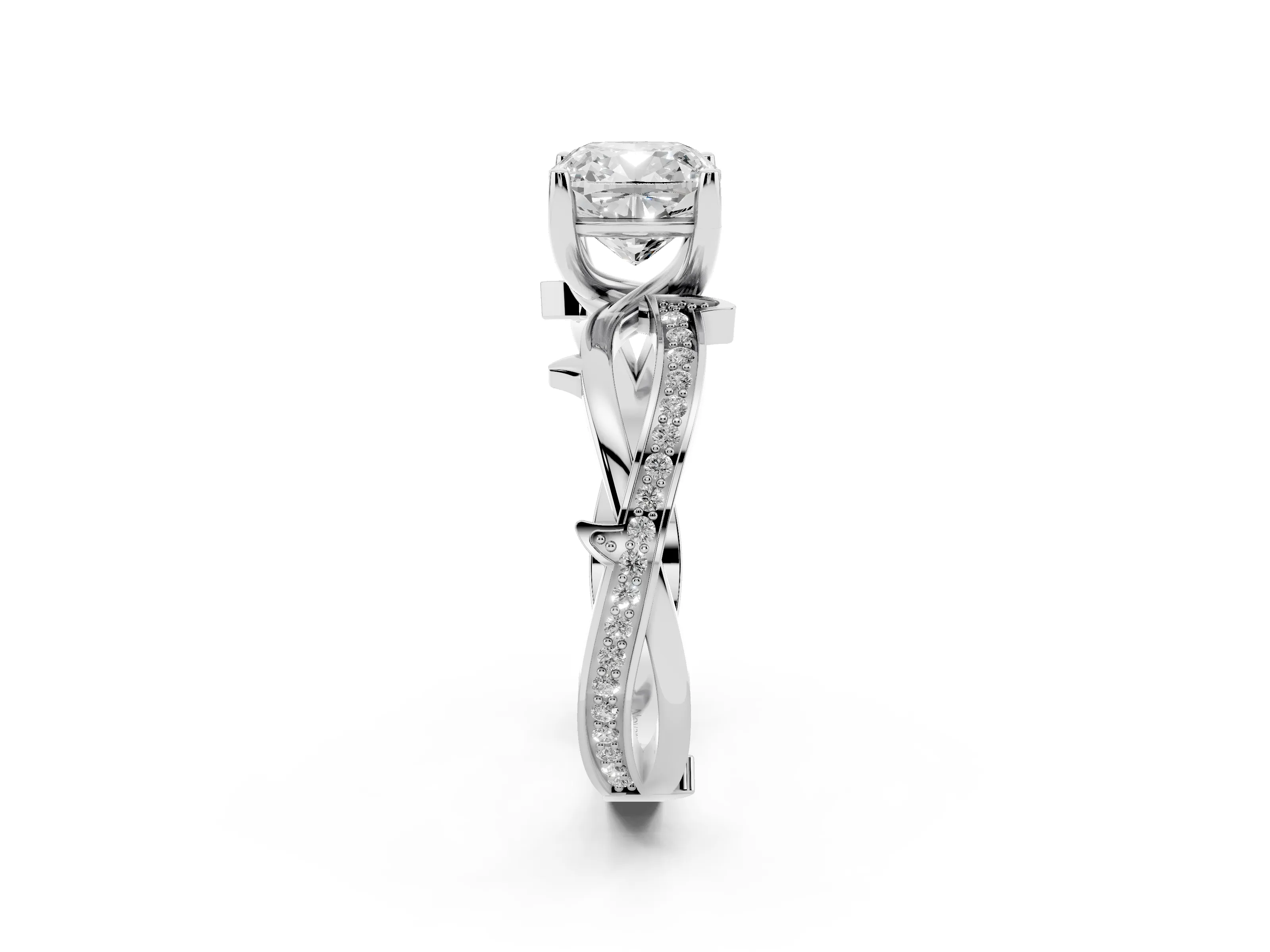 Cushion Cut Diamond Pavé Twist Band Solitaire Ring Set in Platinum with Prong Setting