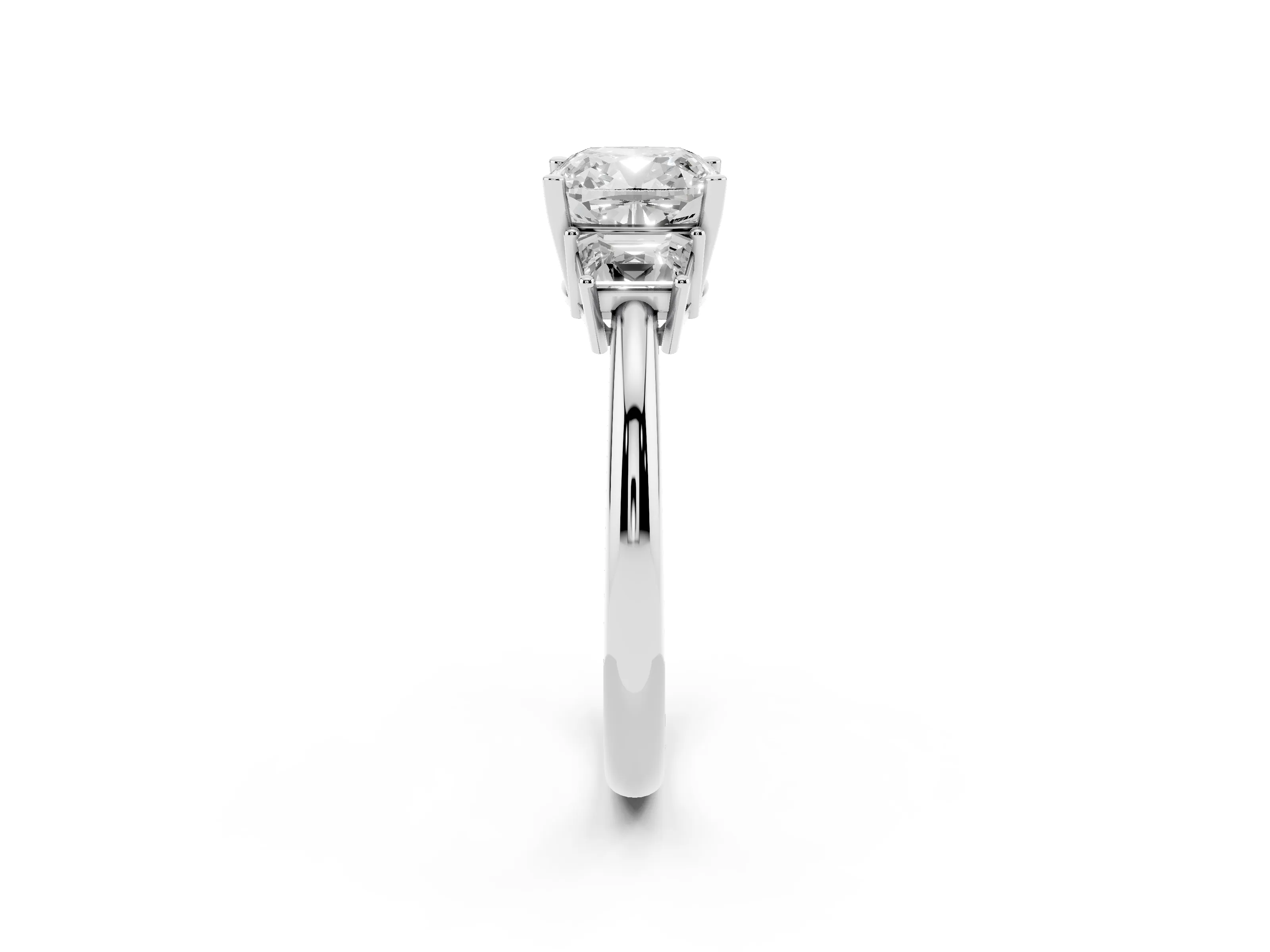 Cushion Cut Diamond Three-Stone Ring Set in Silver with Trapezoid Side Stones and Prong Setting