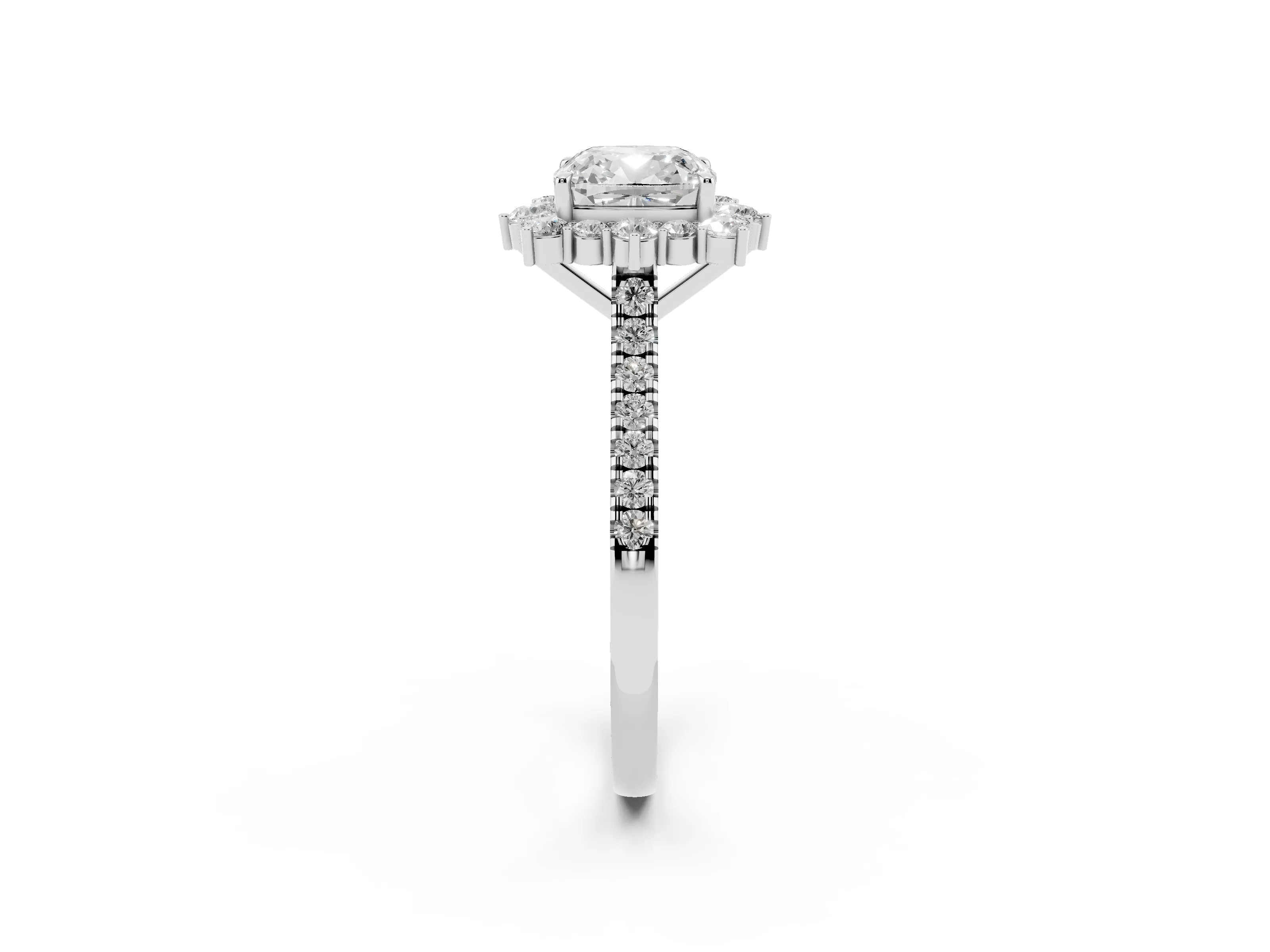 Cushion Cut Diamond Halo Ring Set in Silver with Pavé Band and Prong Setting