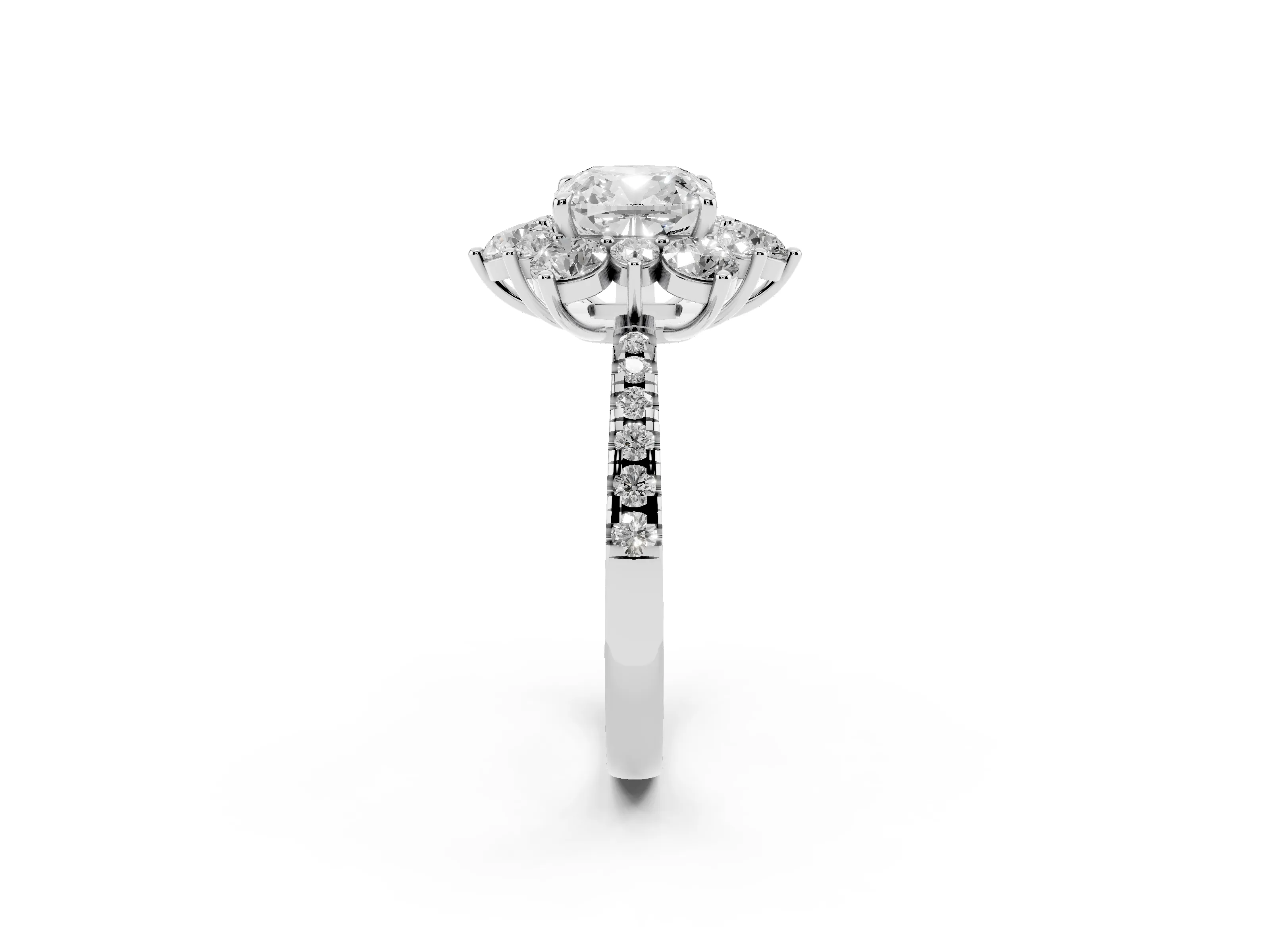 Cushion Cut Diamond Floral Halo Ring Set in Platinum with Round Pavé Band and Prong Setting