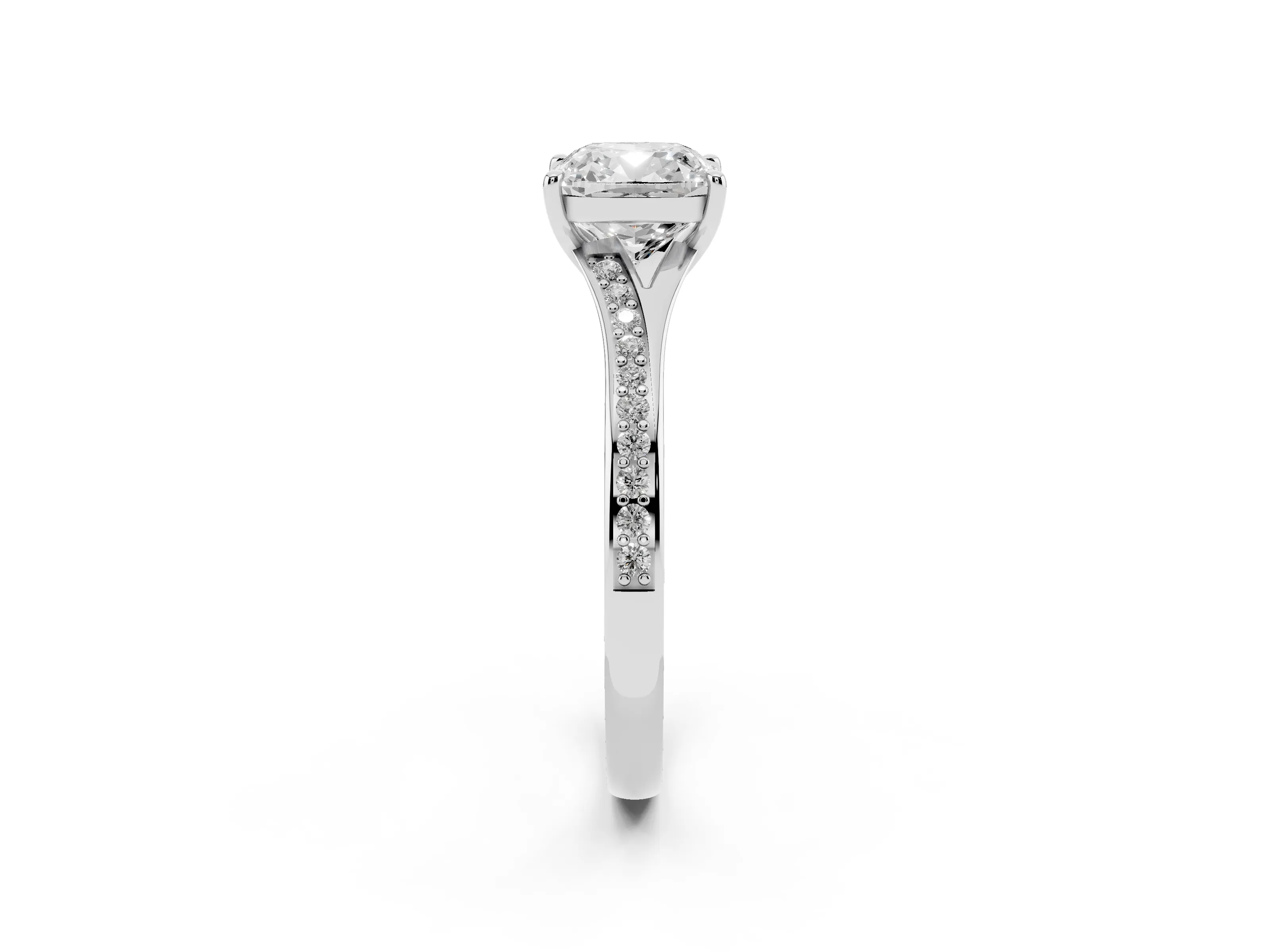 Cushion Cut Diamond Solitaire Ring Set in Silver with Pavé Accent Band and Classic Prong Setting