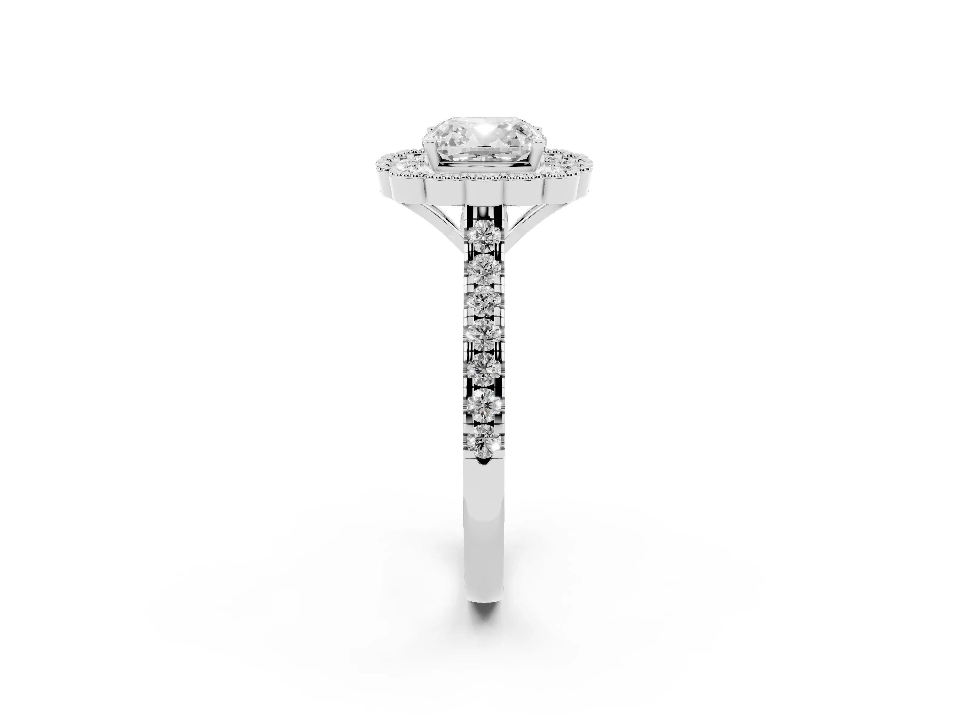 Cushion Cut Diamond Milgrain Floral Halo Engagement Ring Set in Platinum with Pavé Band