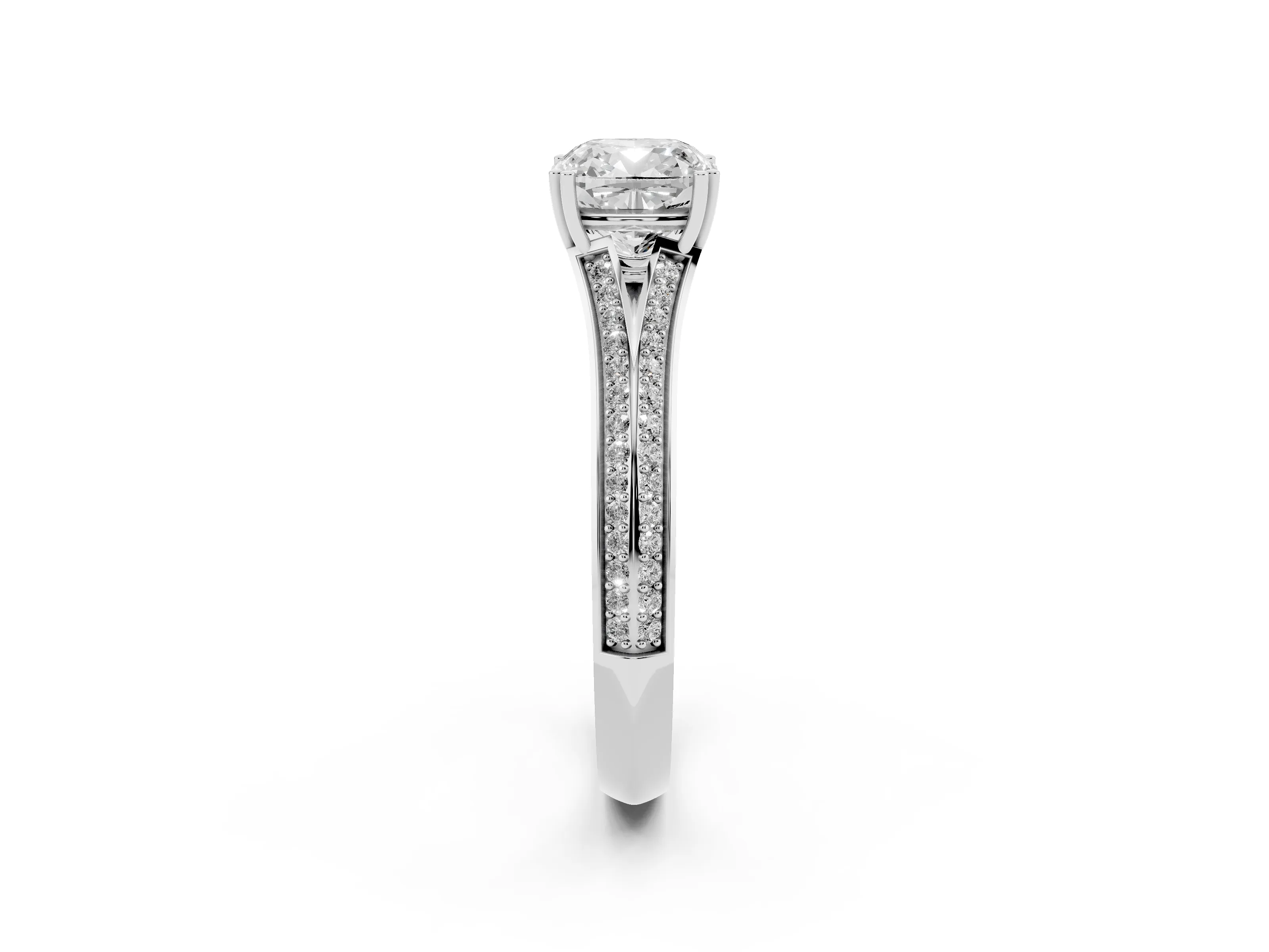 Cushion Cut Diamond Split Shank Pavé Engagement Ring Set in Platinum with Prong-Set Center Stone