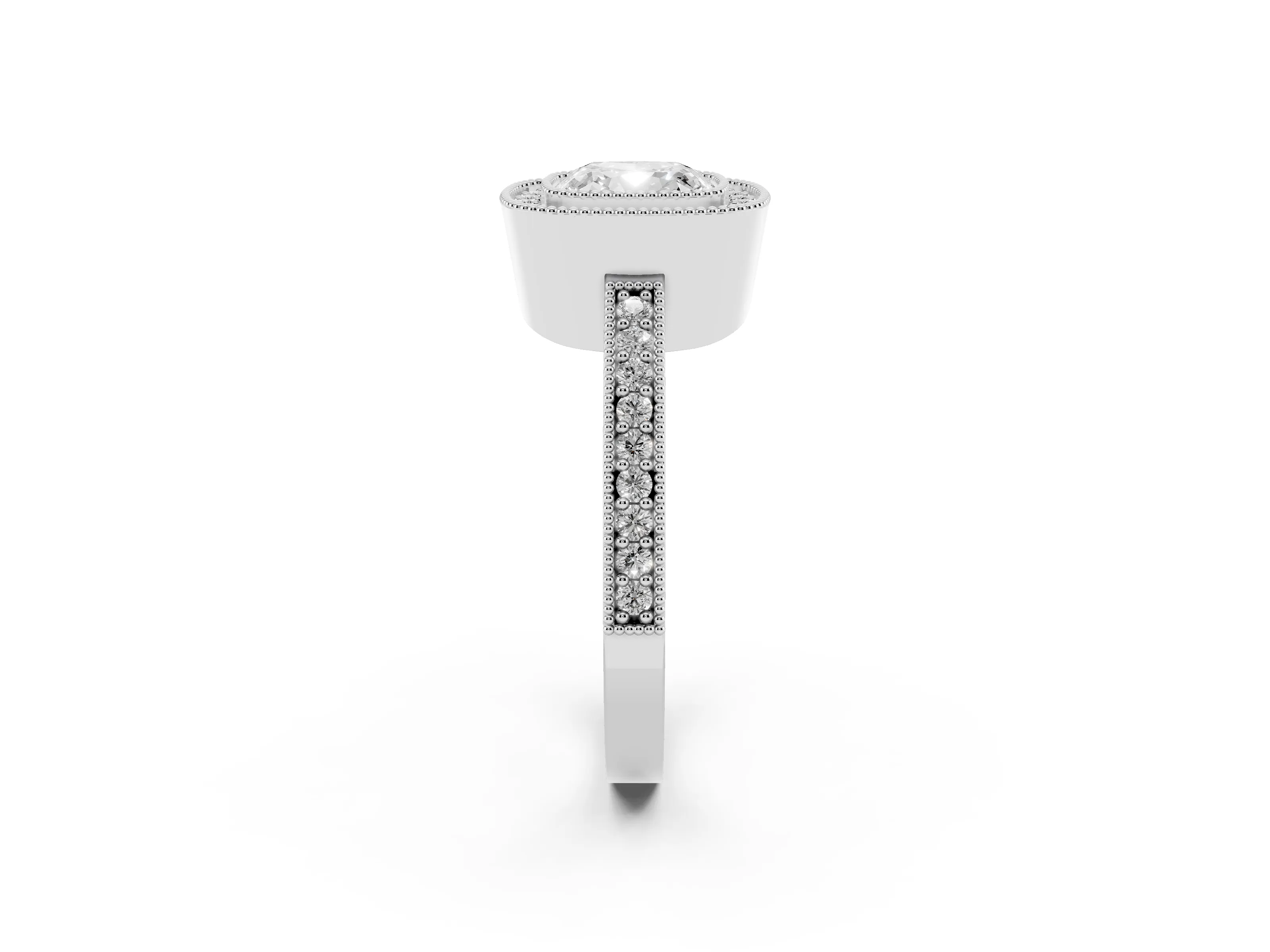 Cushion Cut Diamond Halo Engagement Ring Set in Platinum with Pavé Band and Round Halo Stones
