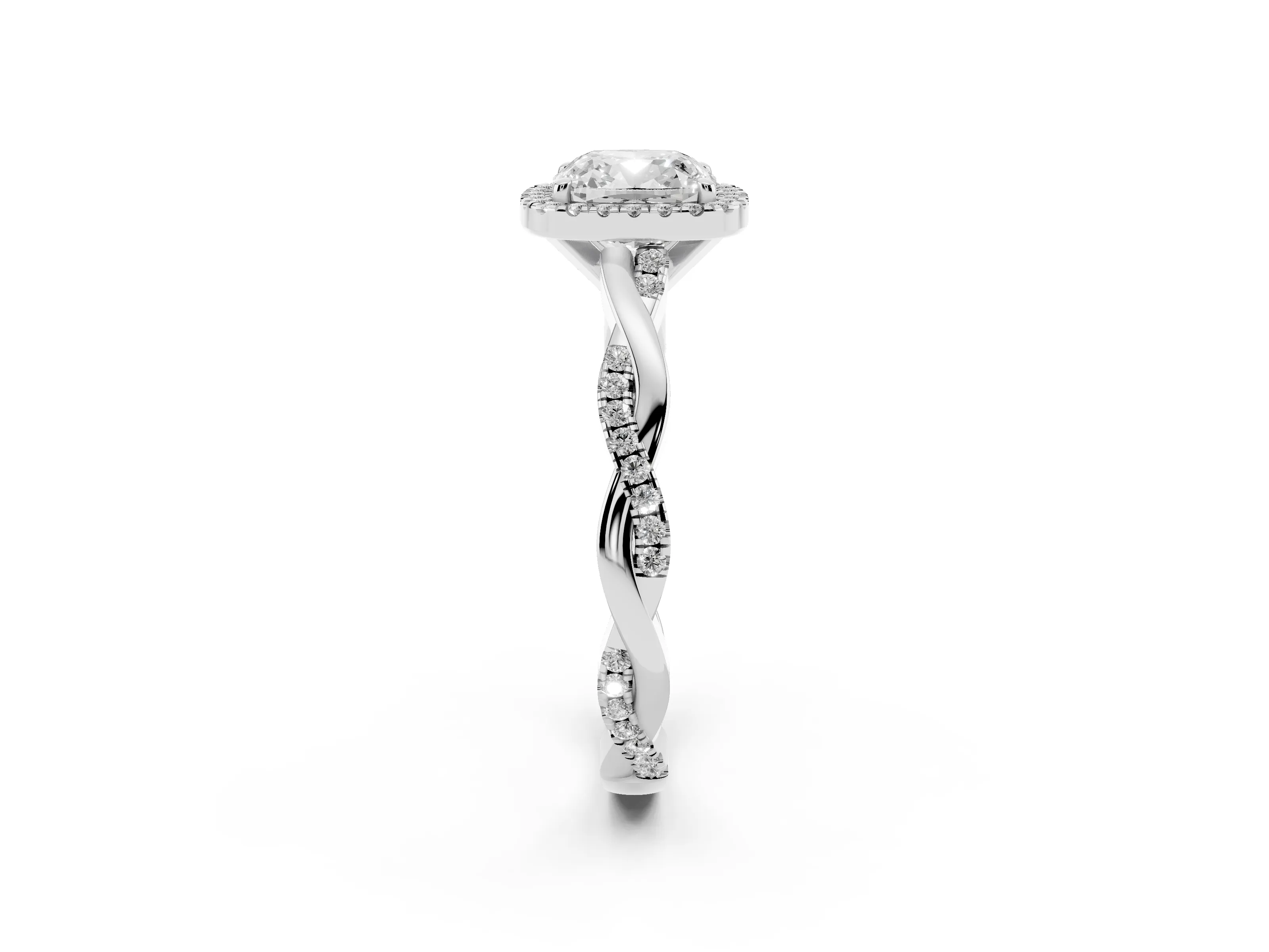 Cushion Cut Diamond Halo Twisted Band Ring Set in Silver with Prong Setting