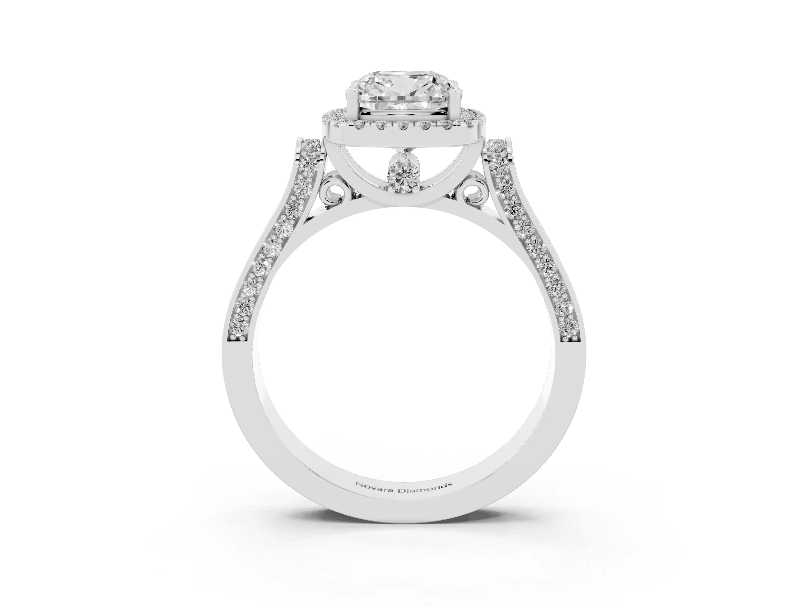 Cushion Cut Diamond Halo Ring Set in Silver with Pavé-Lined Split Shank Band