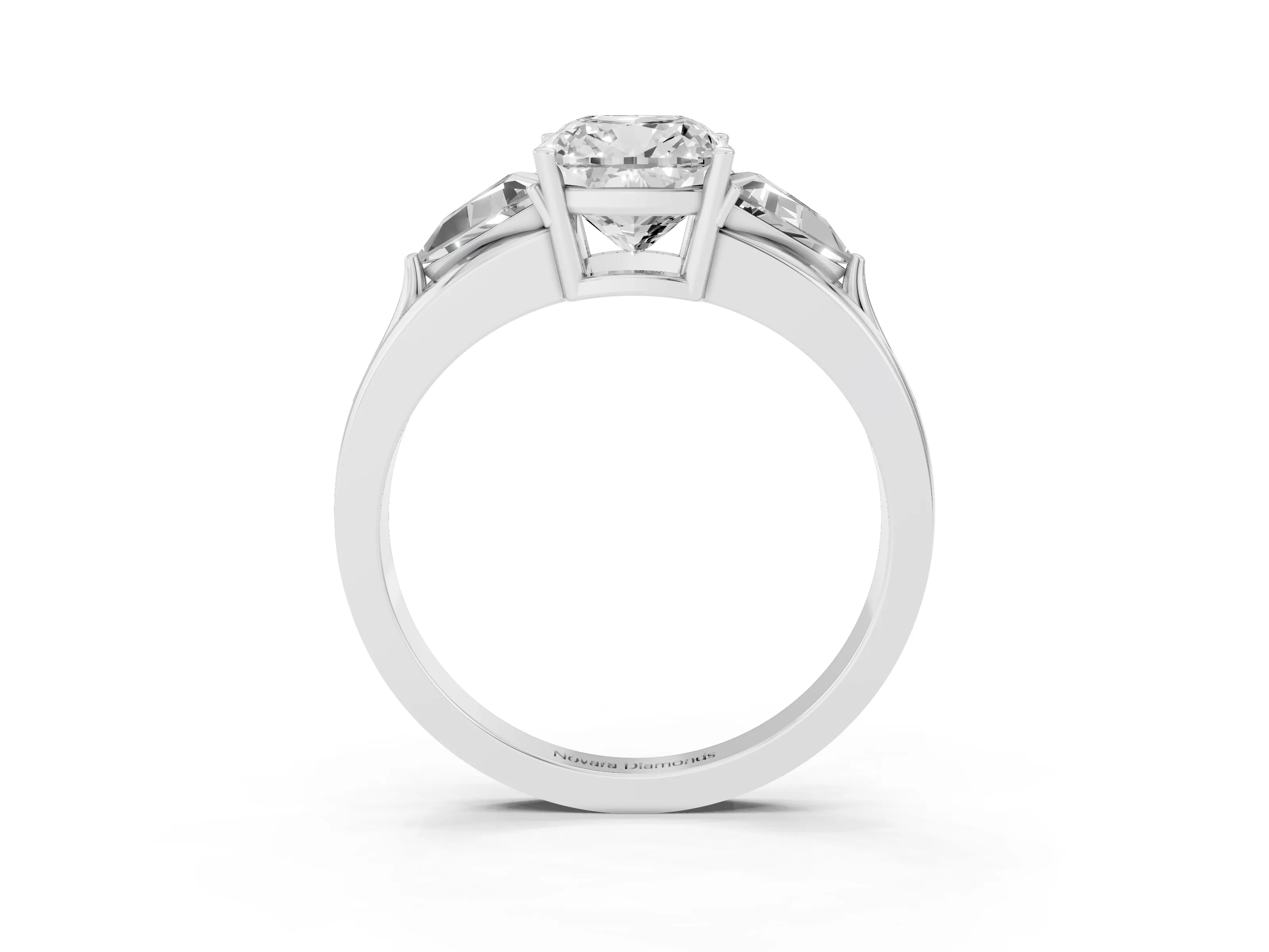 Cushion Cut Diamond Three-Stone Ring Set in Silver with Trillion Side Stones and Split Shank