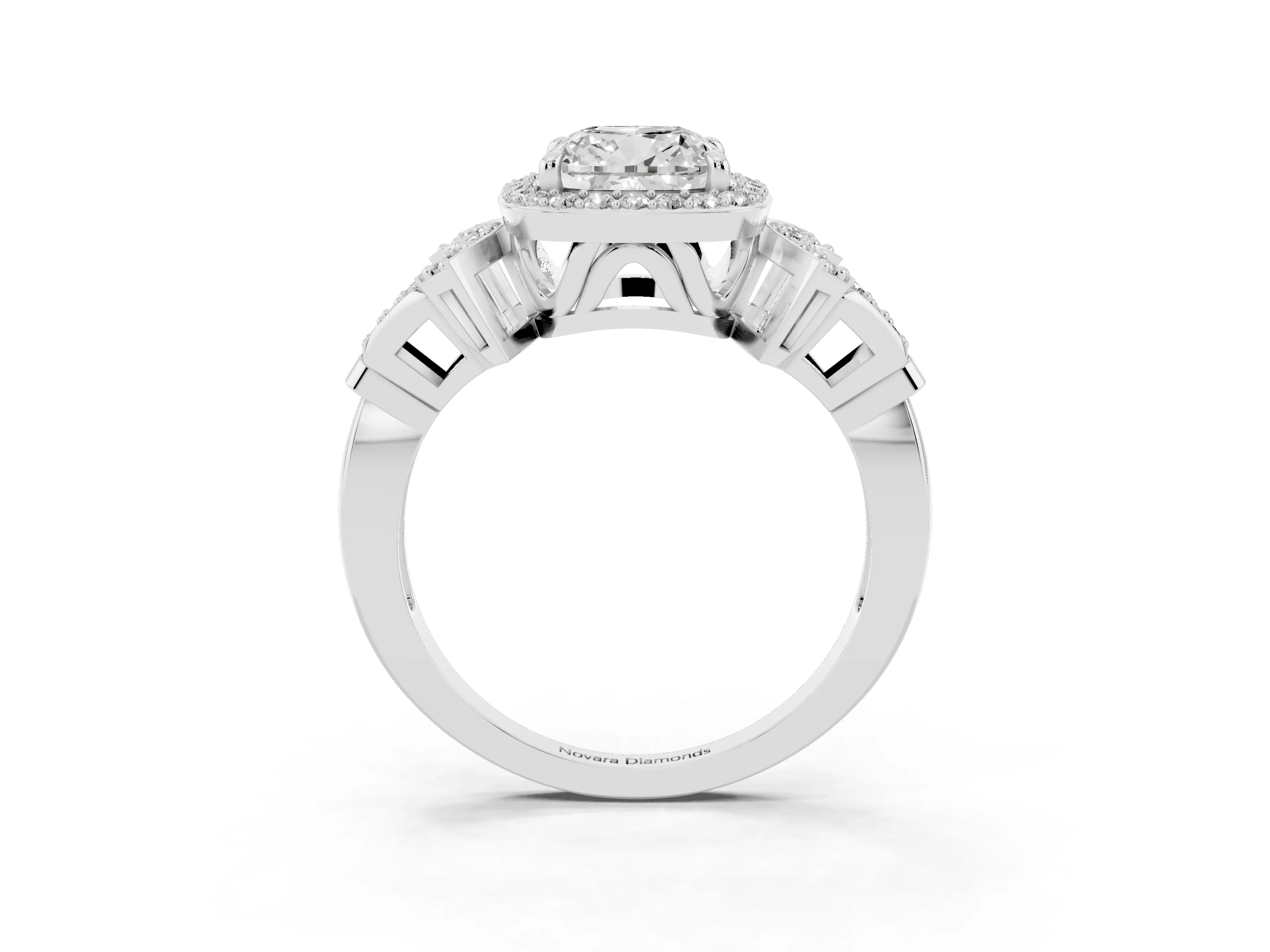 Cushion Cut Diamond Halo Engagement Ring Set in White gold with Accent Stone Split Shank