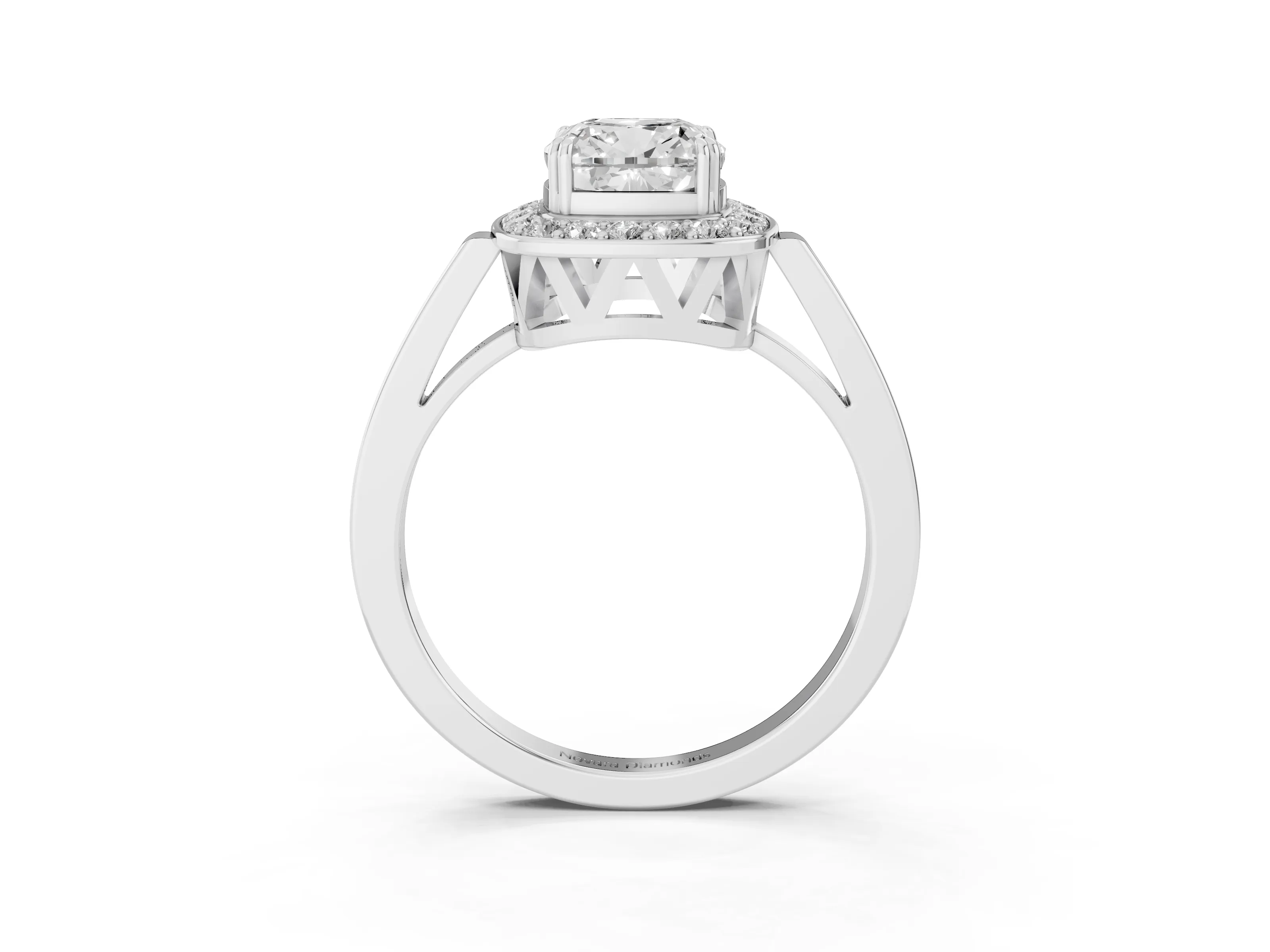 Cushion Cut Diamond Halo Ring Set in Platinum with Accent-Lined Split Shank and Prong Setting