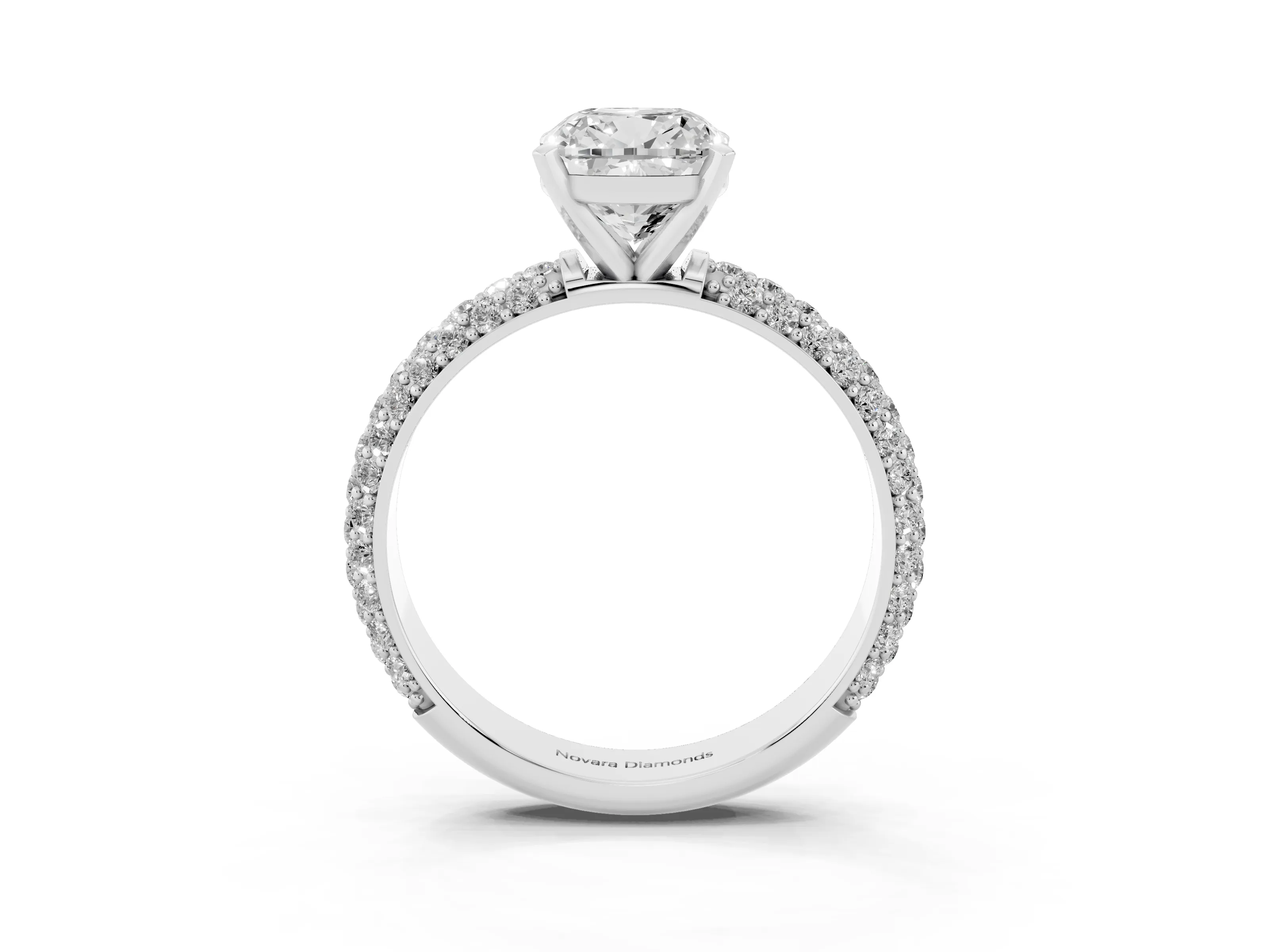 Cushion Cut Diamond Solitaire Ring Set in White gold with Prong Setting and Pavé-Set Band