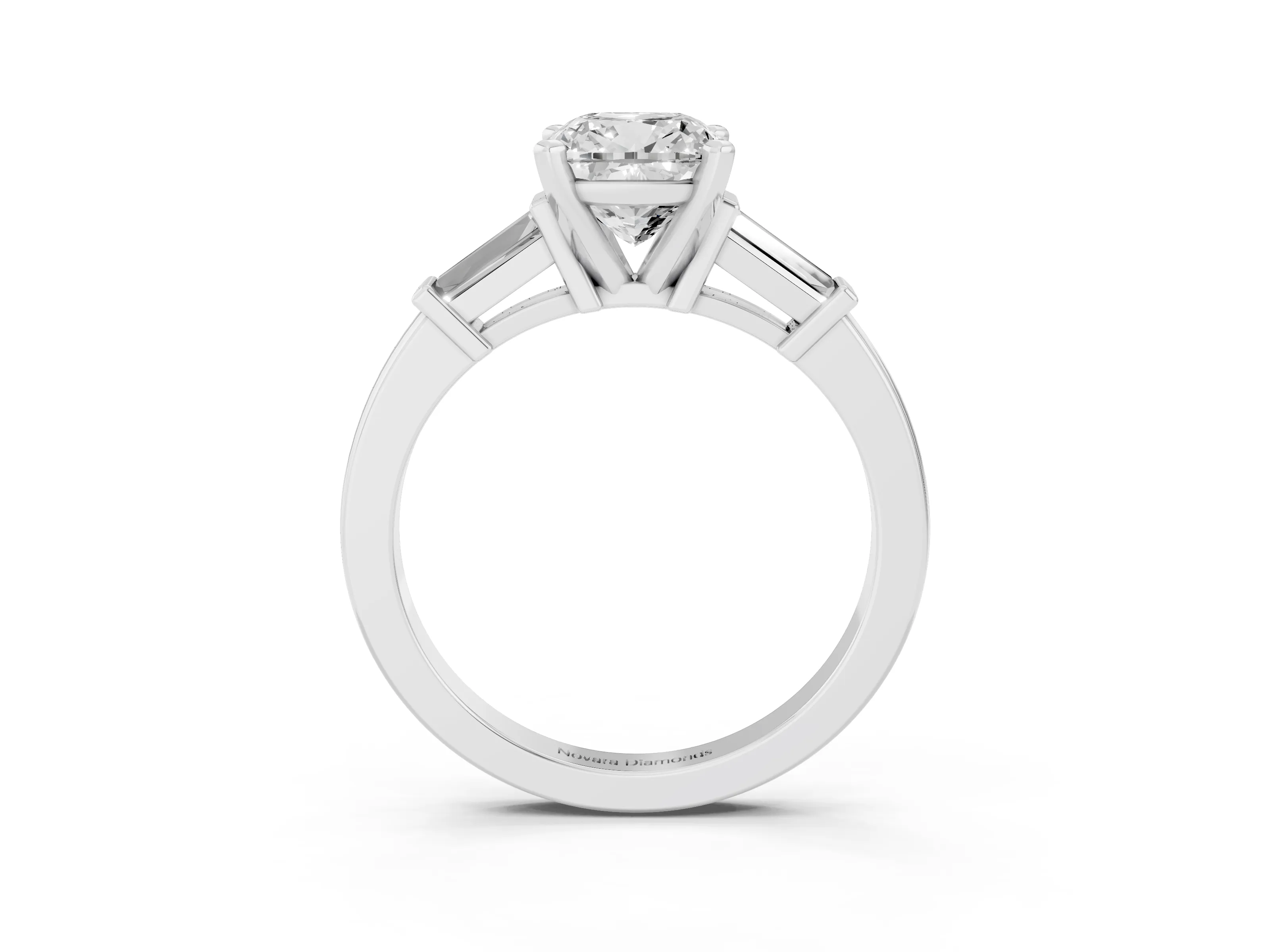 Cushion Cut Diamond Solitaire Ring Set in Silver with Tapered Baguette Accents and Prong Setting