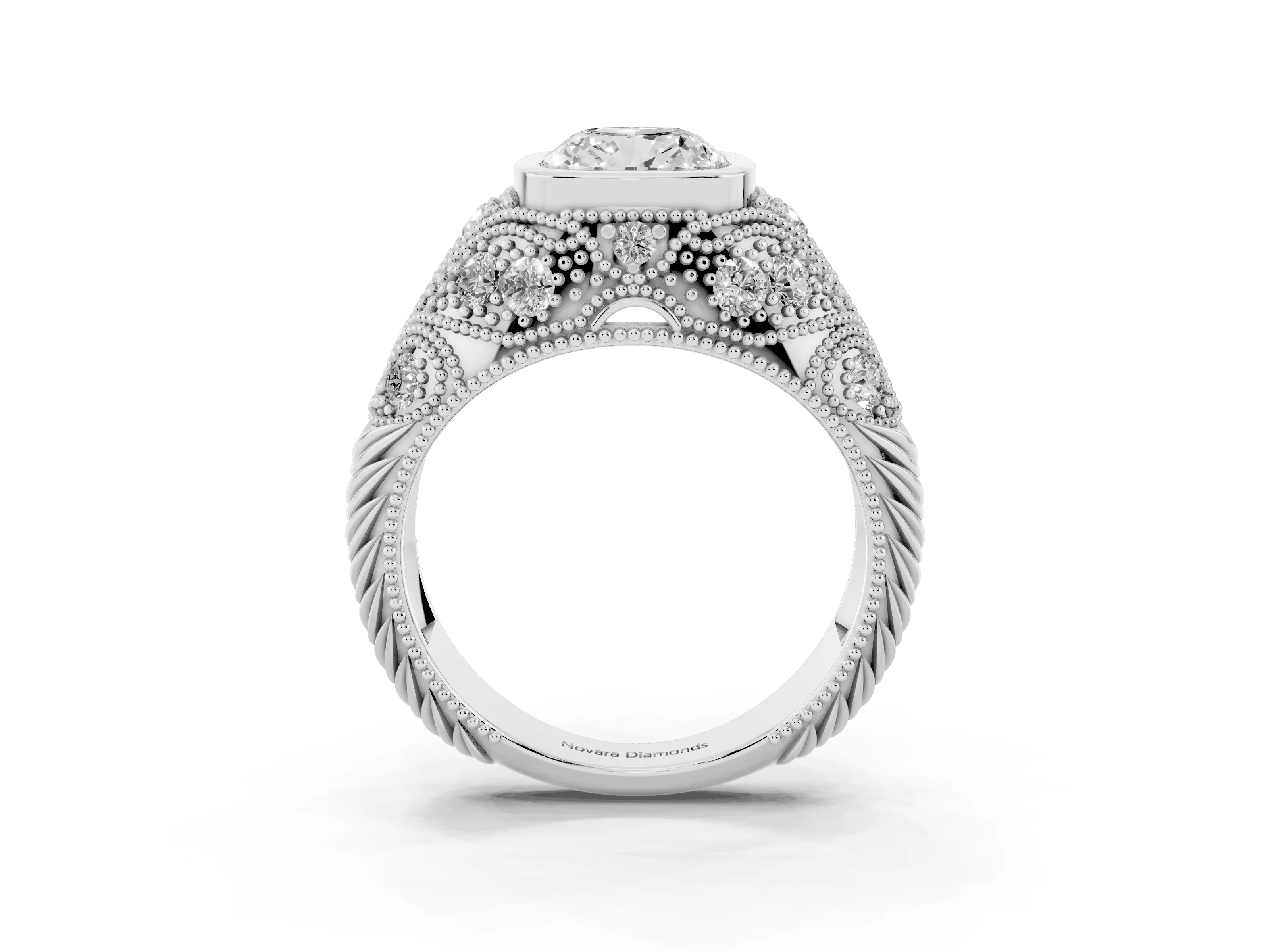 Cushion Cut Diamond Bezel Ring Set in Silver with Milgrain Accent Band