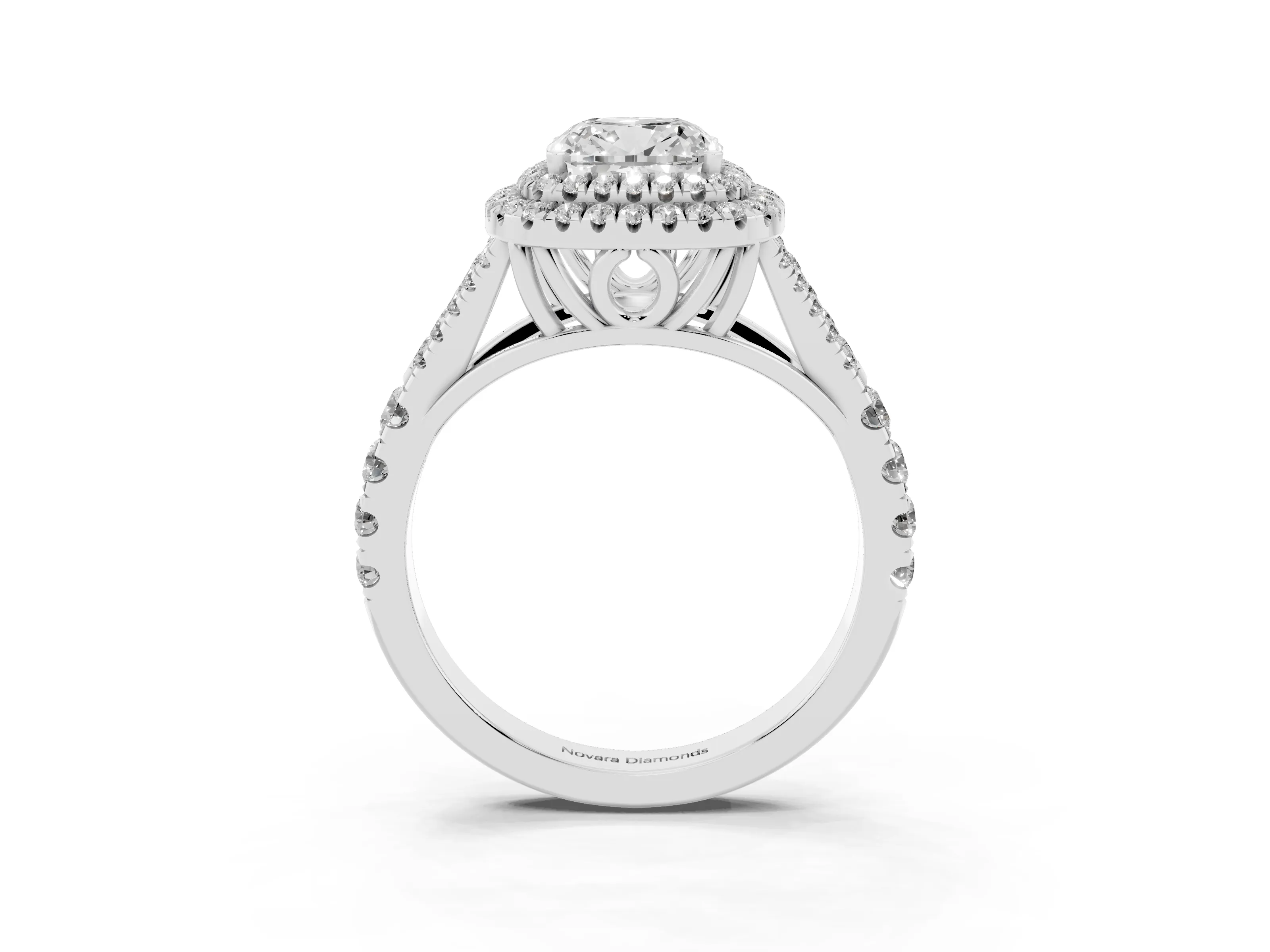 Cushion Cut Diamond Pavé Split Shank Double Halo Engagement Ring Set in Silver