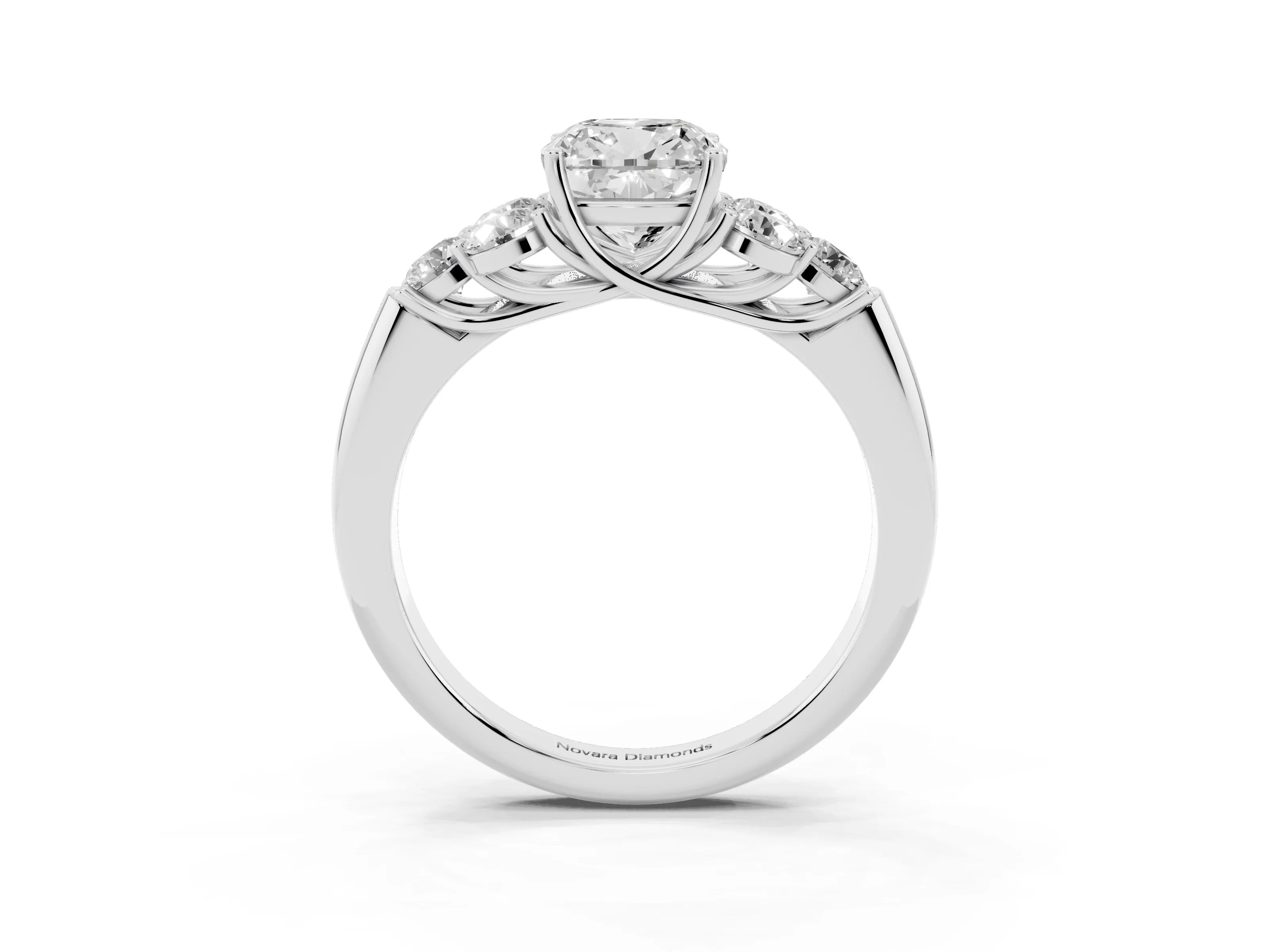 Cushion Cut Diamond Cluster Ring Set in White gold with Round Accent Stones and Prong Setting on a Plain Band