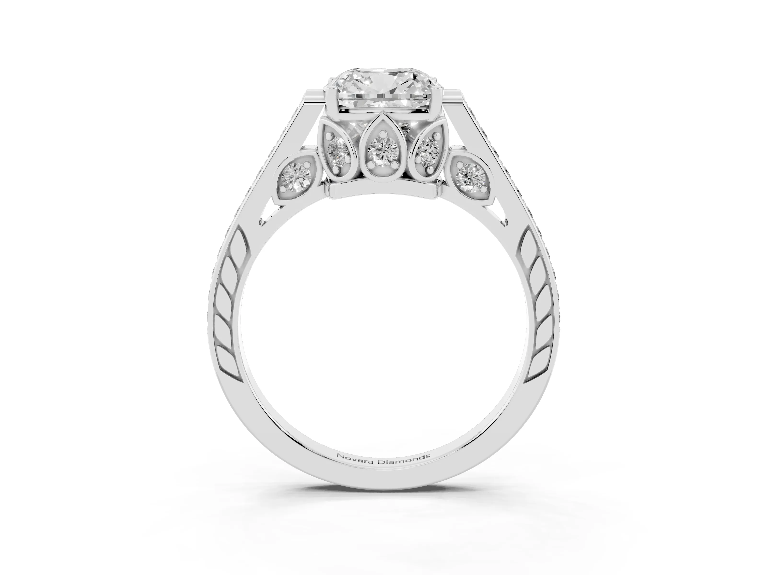 Cushion Cut Diamond Cathedral Pavé Engagement Ring Set in White gold with Prong Setting