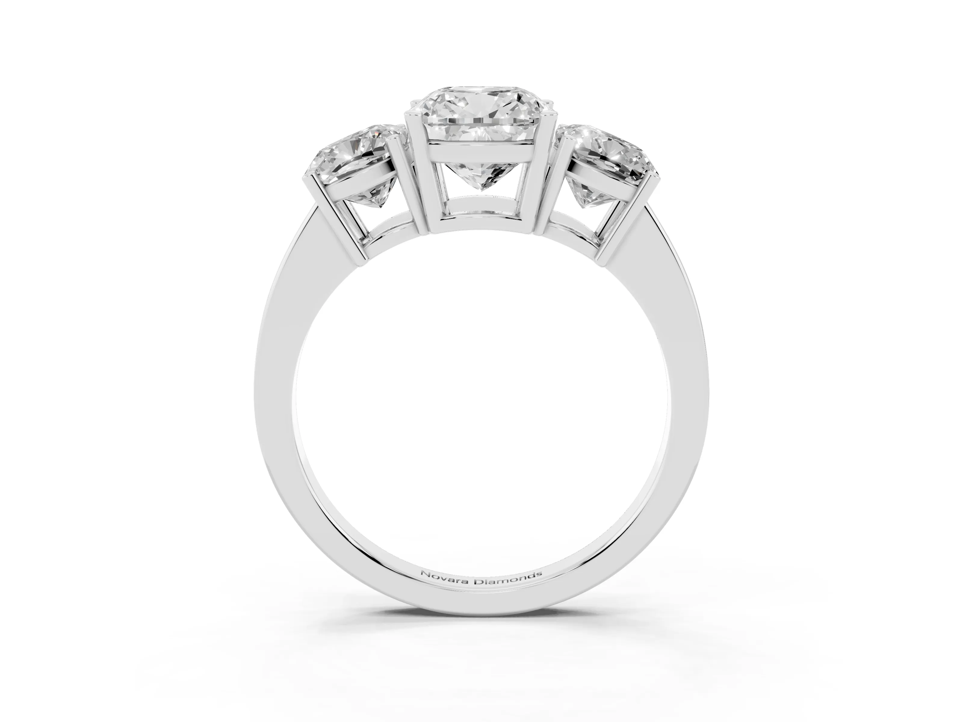 Cushion Cut Diamond Three-Stone Engagement Ring Set in White gold with Flat Band