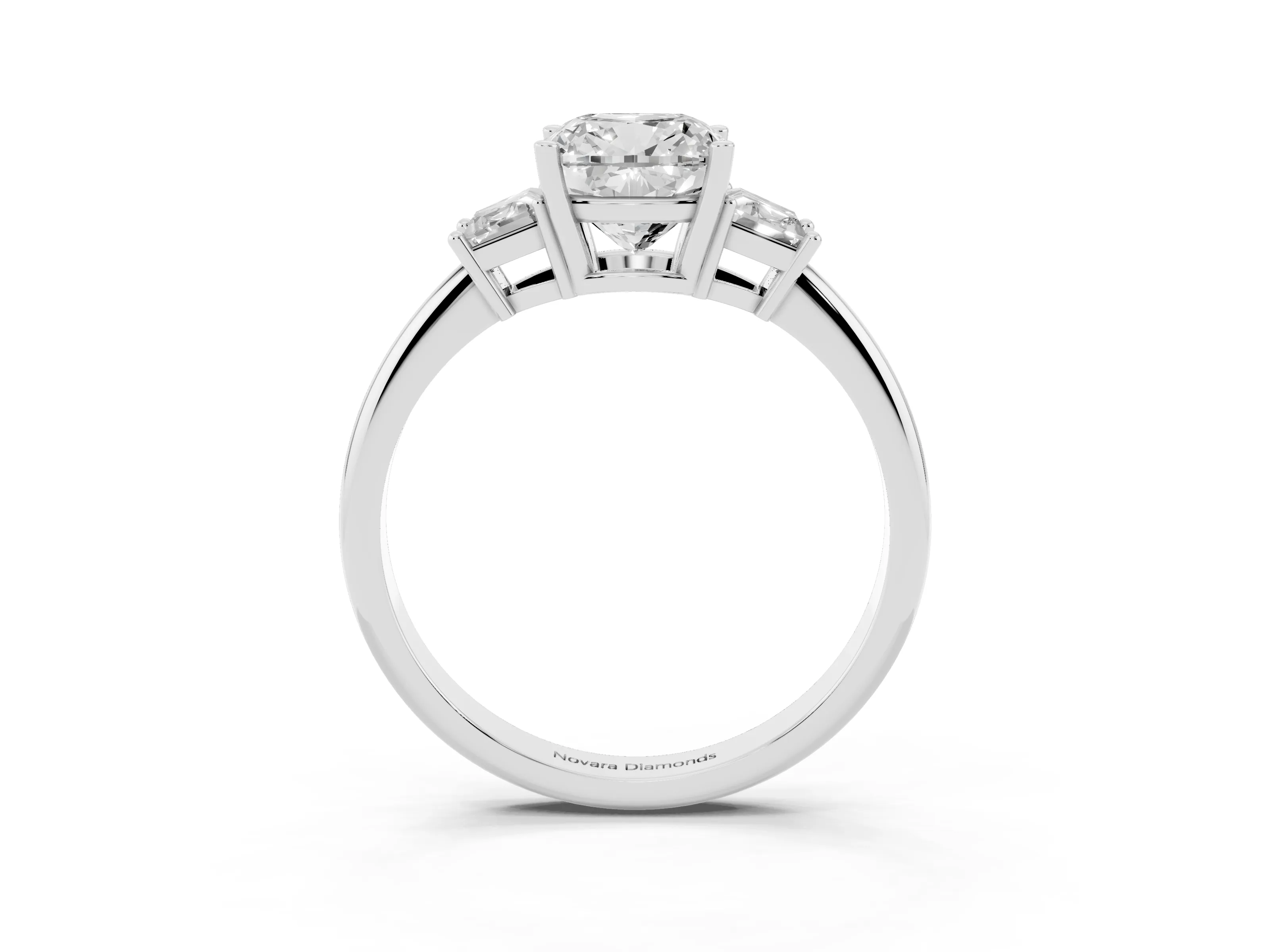Cushion Cut Diamond Three-Stone Ring Set in Silver with Trapezoid Side Stones and Prong Setting