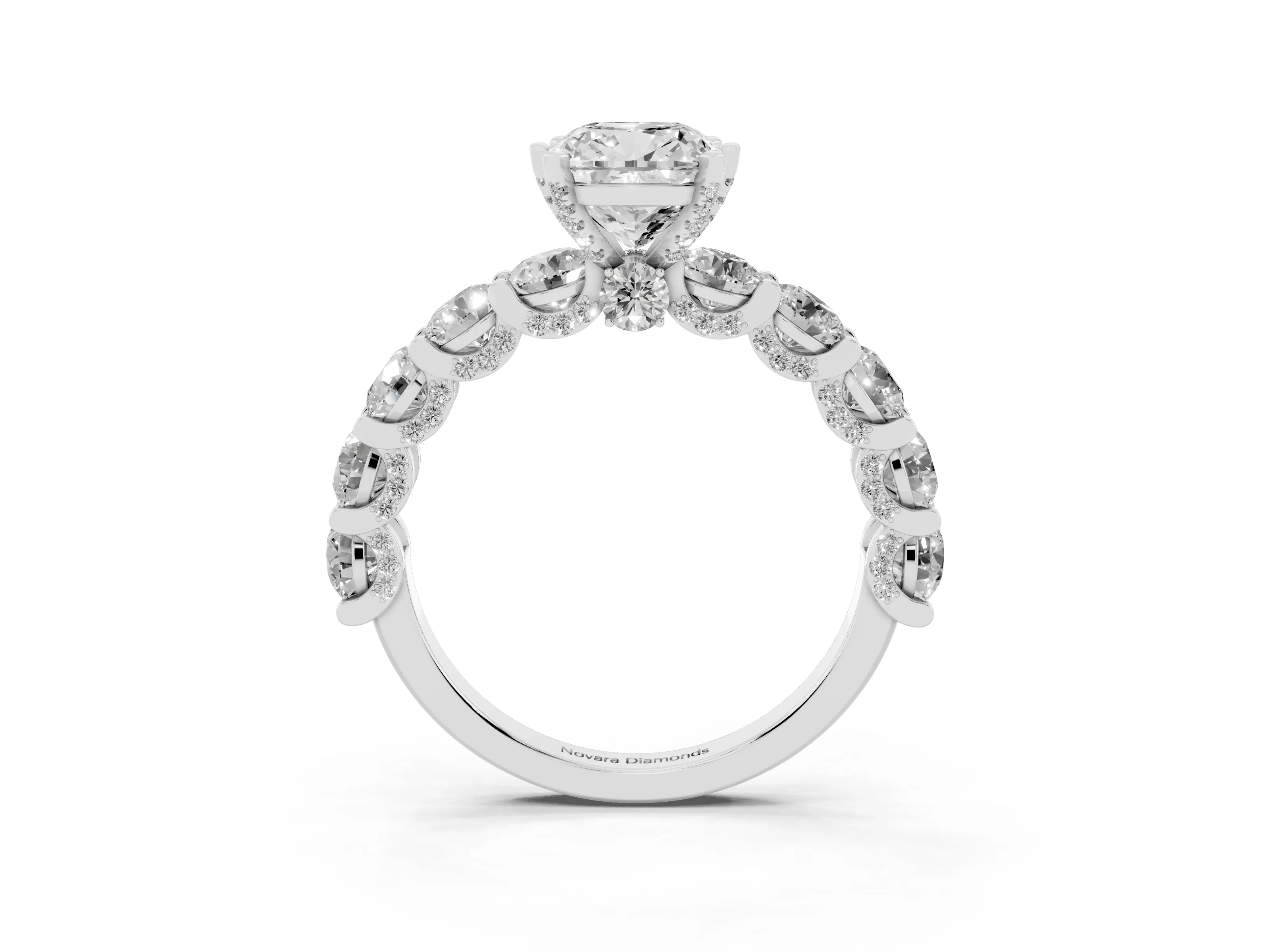 Cushion Cut Diamond Side Stone Ring Set in Silver with Alternating Round and Oval Side Stones