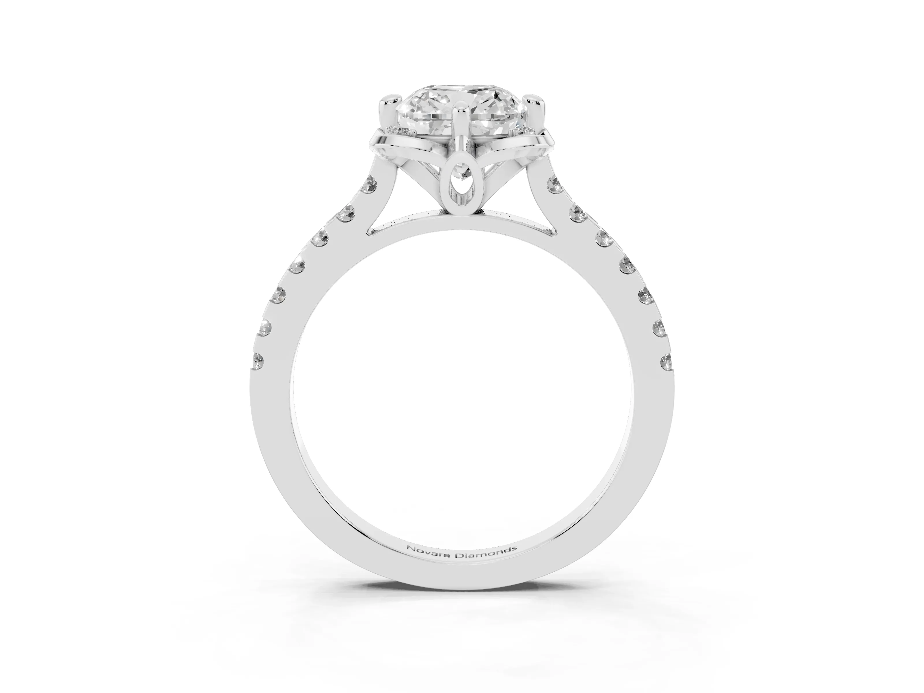 Cushion Cut Diamond Solitaire Ring Set in White gold with Pavé Band and Floral Prong Setting