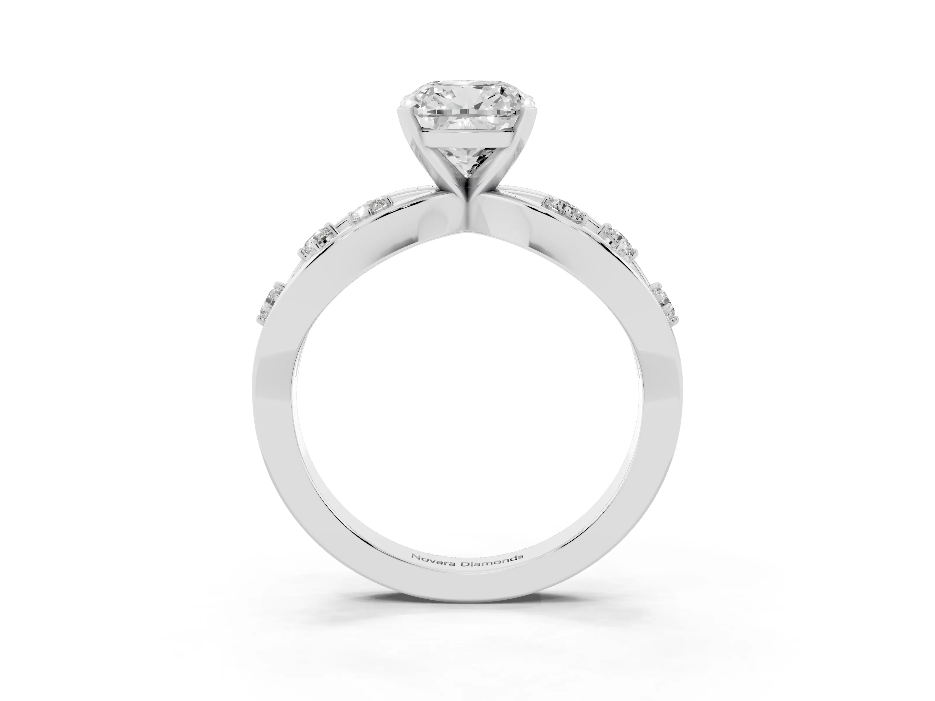 Cushion Cut Diamond Solitaire Ring Set in White gold with Side Stones on Criss-Cross Band and Prong Setting