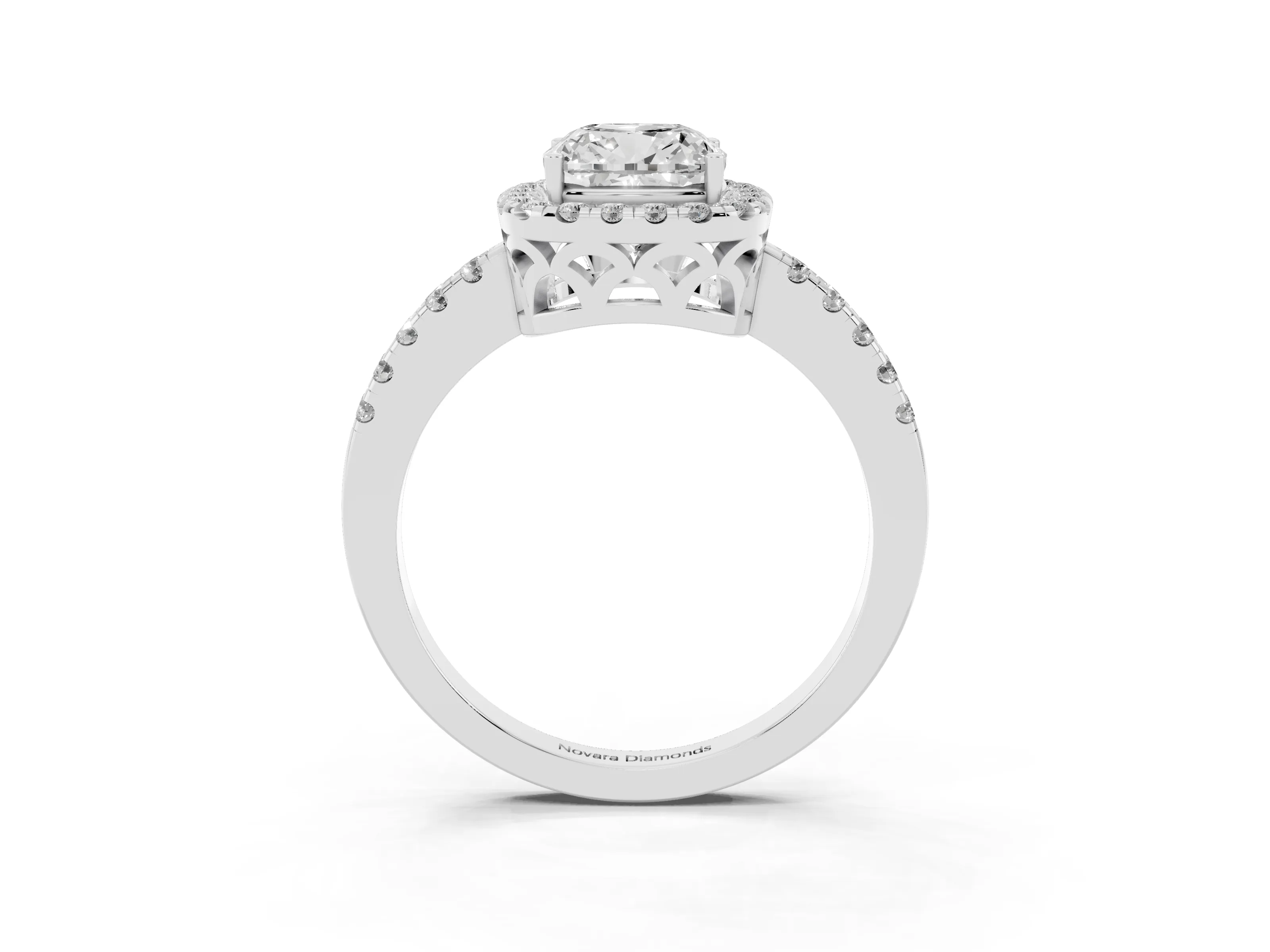 Cushion Cut Diamond Pavé Band Halo Engagement Ring Set in Platinum with Prong Setting