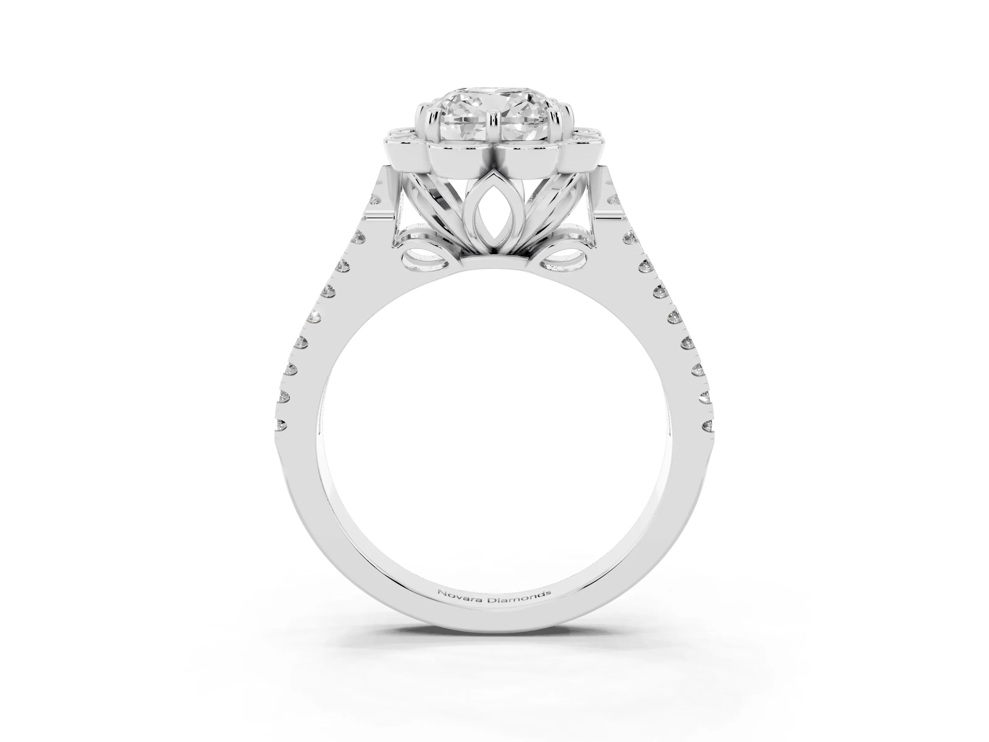 Cushion Cut Diamond Floral Halo Split Shank Engagement Ring Set in Platinum with Pavé Shank