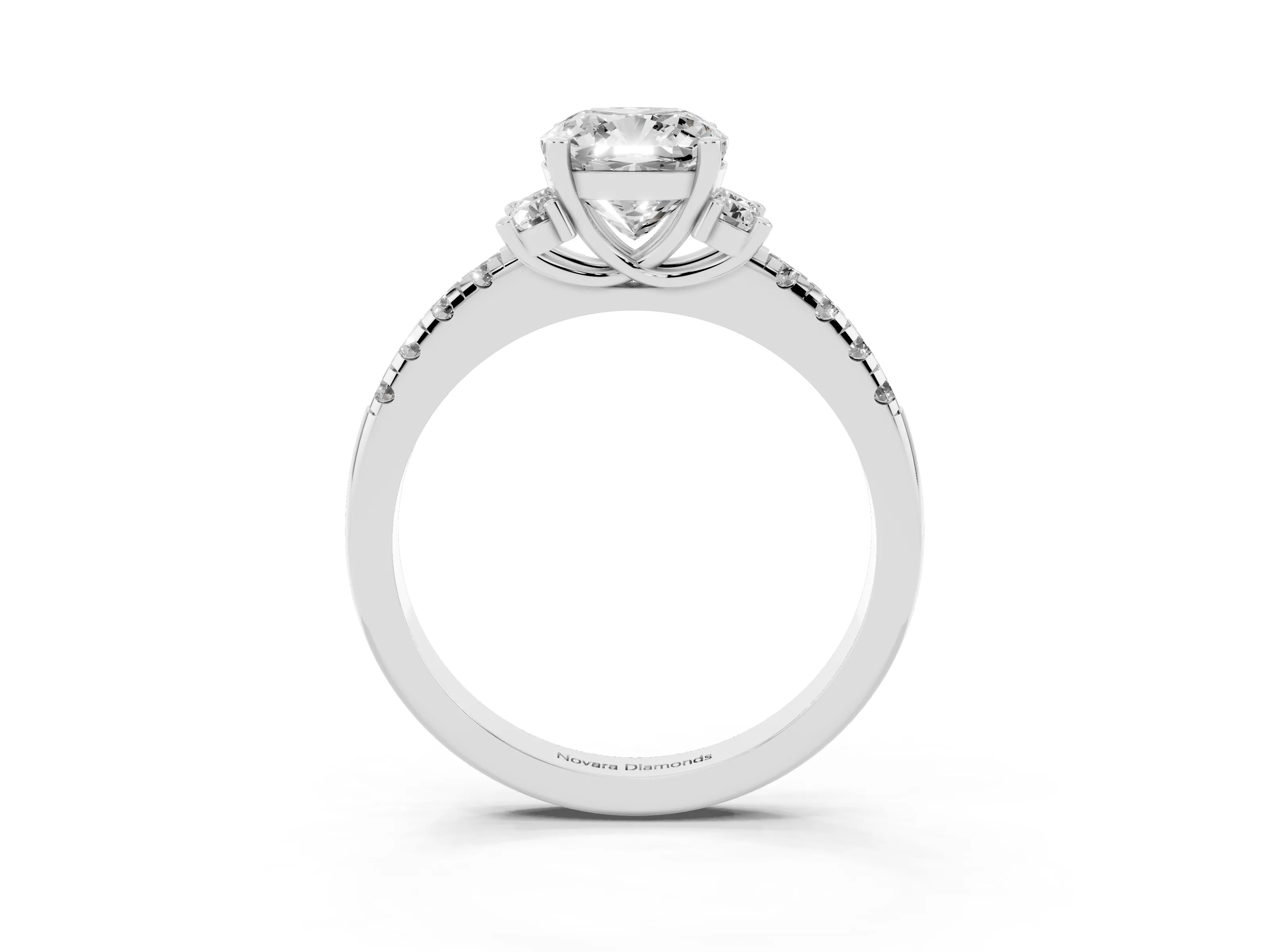 Cushion Cut Diamond Three-Stone Pavé Ring Set in Silver with Prong Setting
