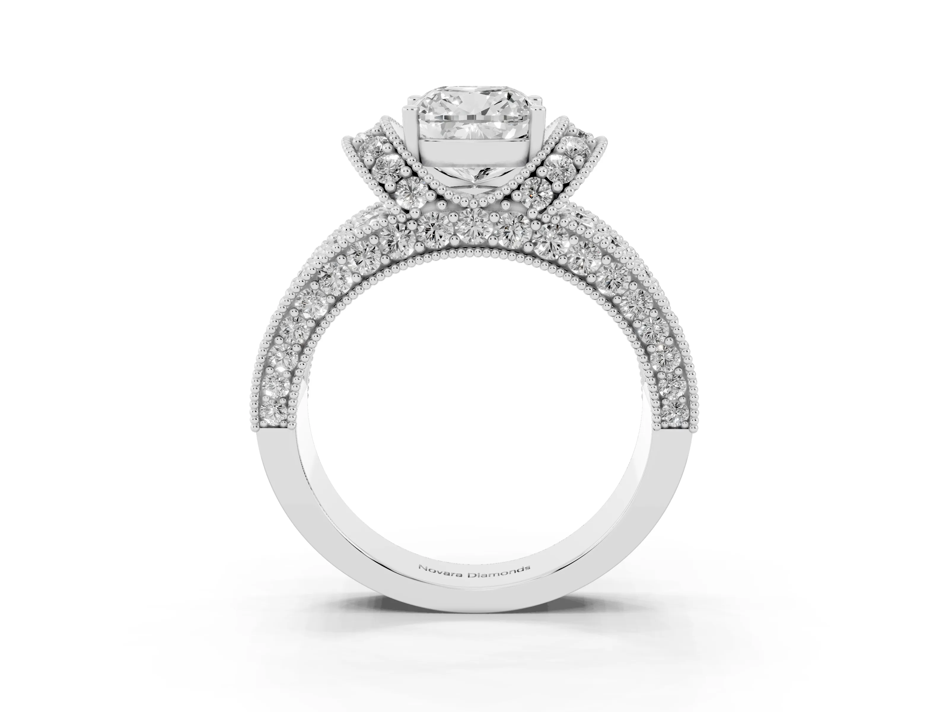 Cushion Cut Diamond Milgrain Halo Pavé Engagement Ring Set in Silver with Prong Setting