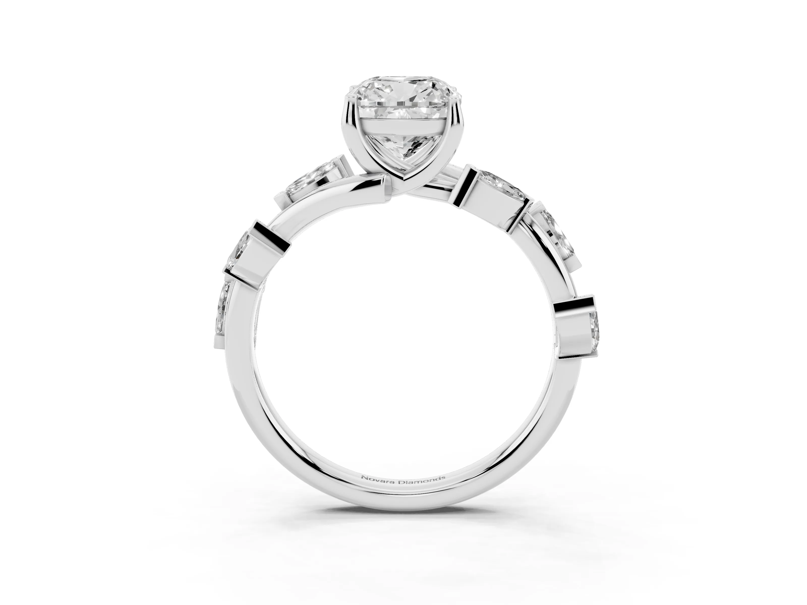 Cushion Cut Diamond Solitaire Ring Set in White gold with Twisted Marquise Accent Band