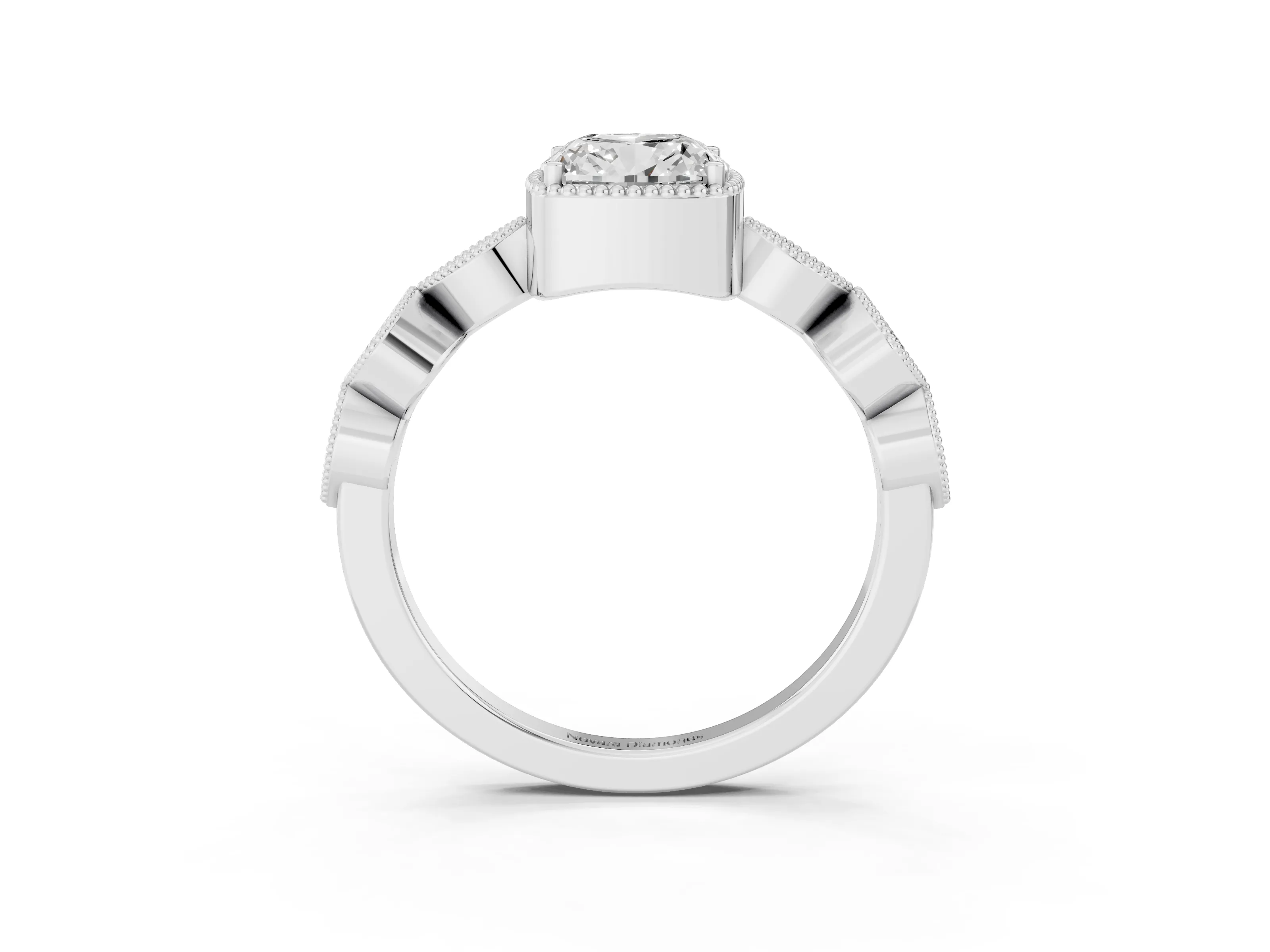 Cushion Cut Diamond Vintage-Inspired Milgrain Ring Set in Platinum with Marquise Stations of Round Accents