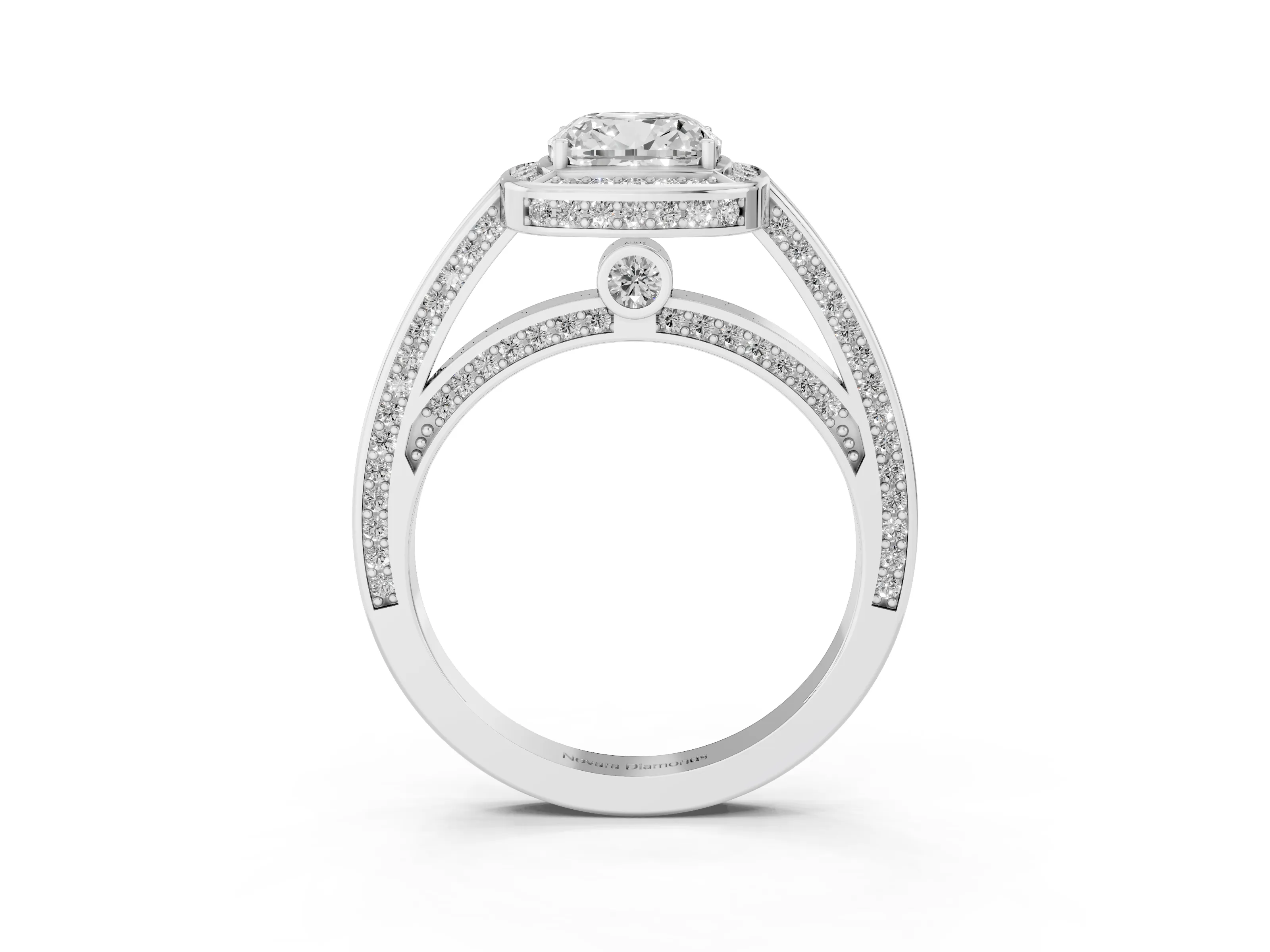 Cushion Cut Diamond Halo Pavé Split Shank Ring Set in Silver with Prong Setting