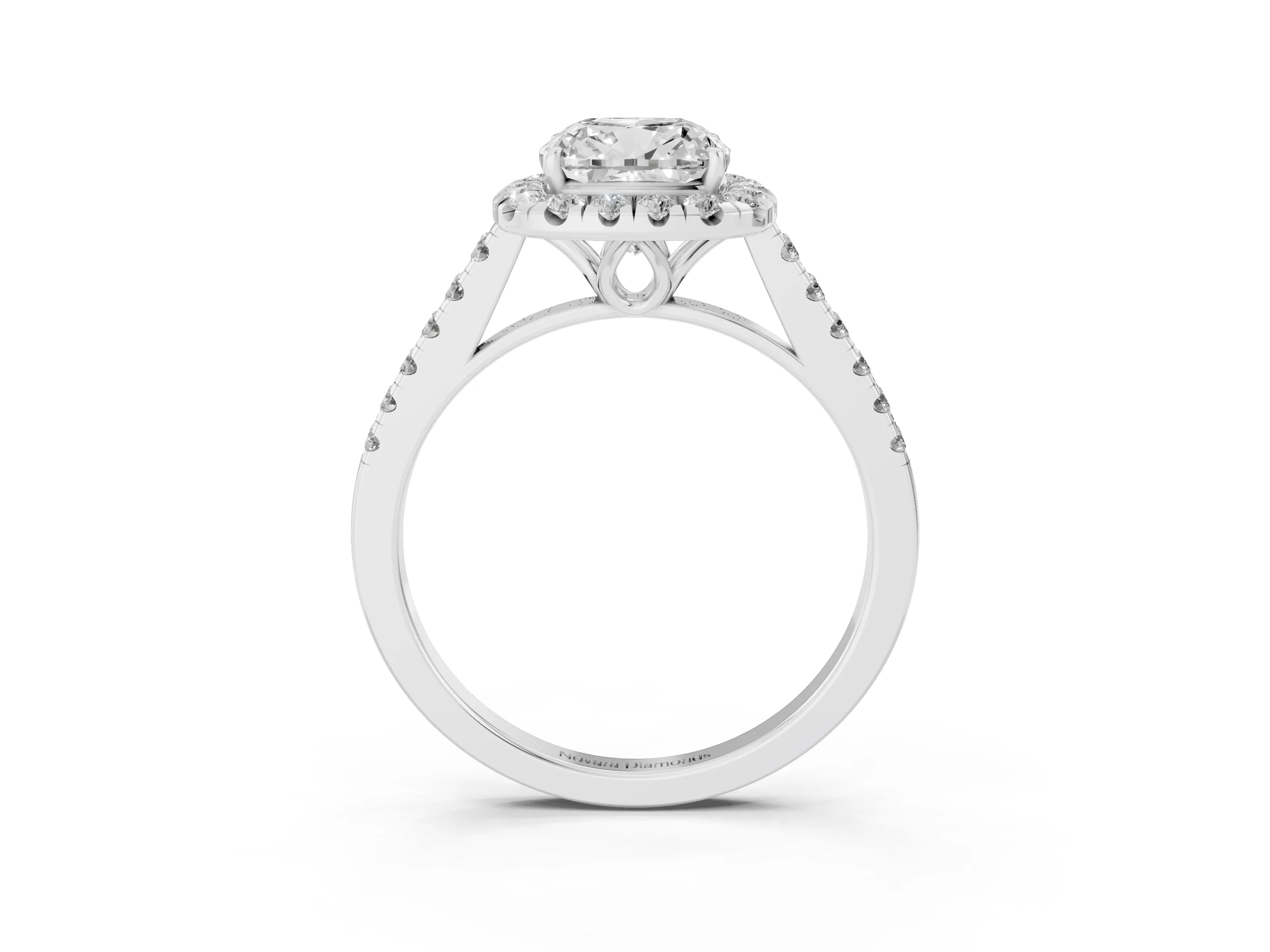 Cushion Cut Diamond Pavé Halo Engagement Ring Set in Silver with Pavé Band and Prong Setting