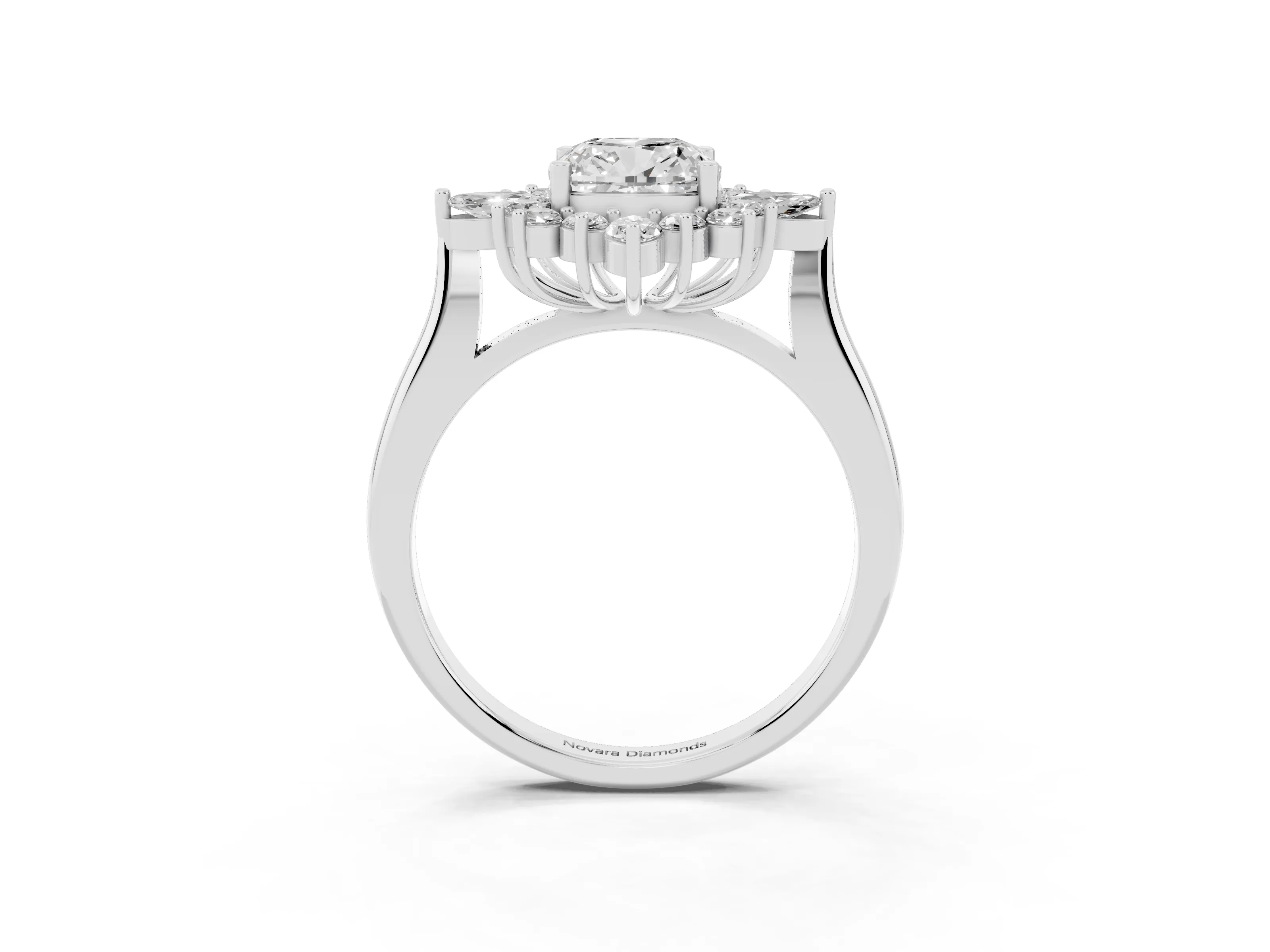 Cushion Cut Diamond Cluster Halo Ring Set in Silver with Marquise and Round Accents