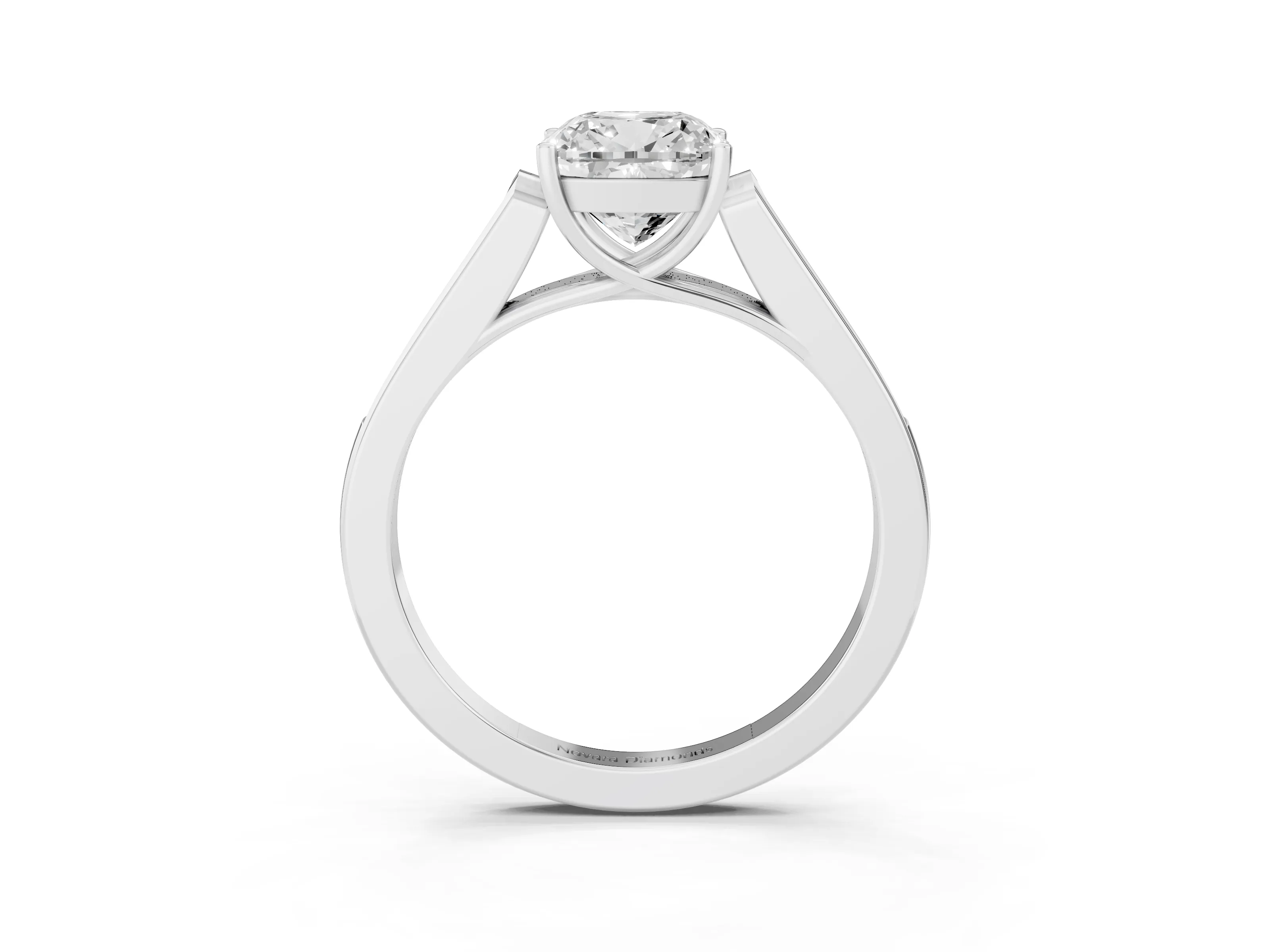 Cushion Cut Diamond Solitaire Cathedral Engagement Ring Set in White gold with Channel-Set Band and Prong Setting