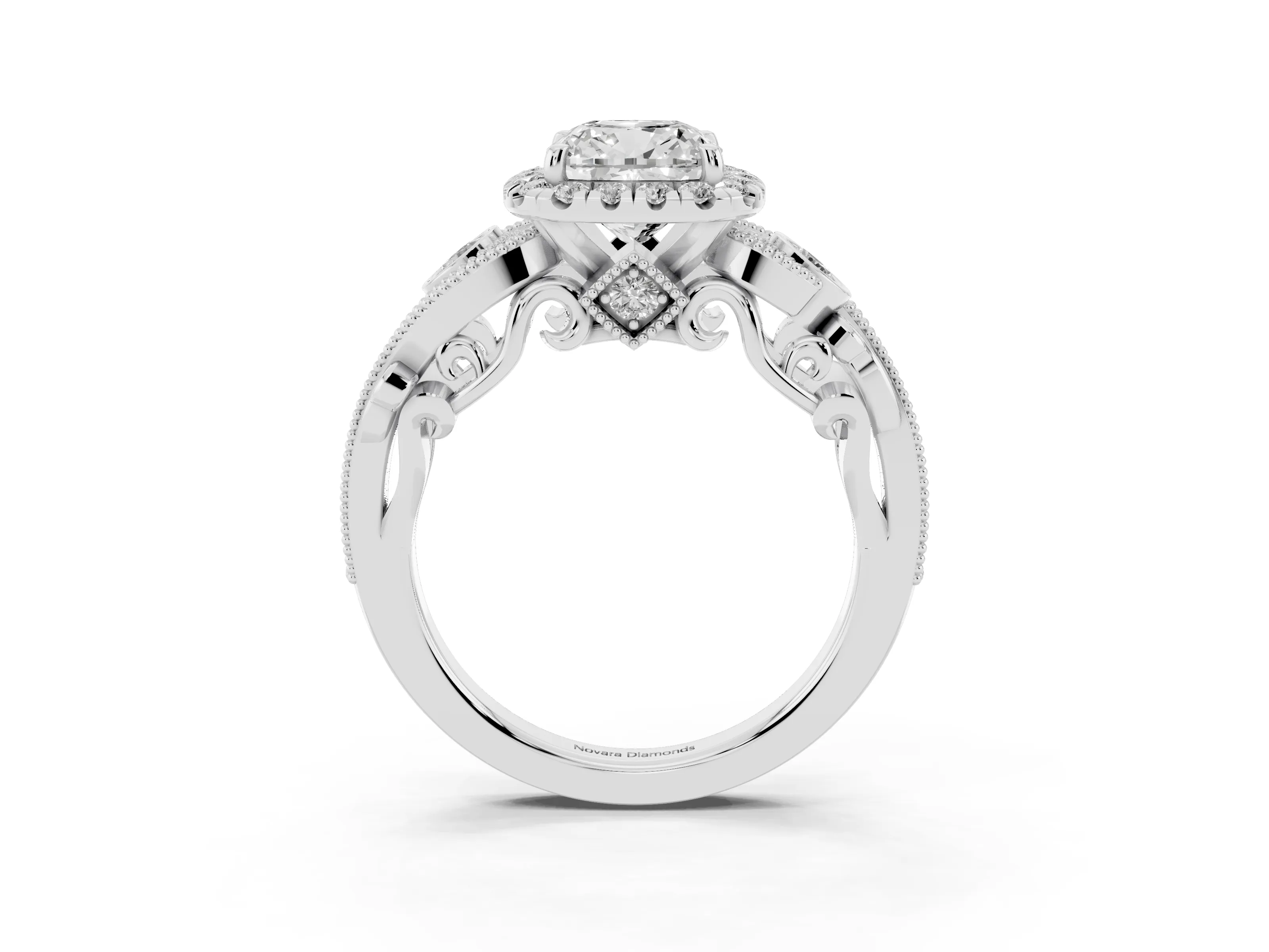Cushion Cut Diamond Halo Ring Set in Platinum with Milgrain Pavé Band and Prong Setting