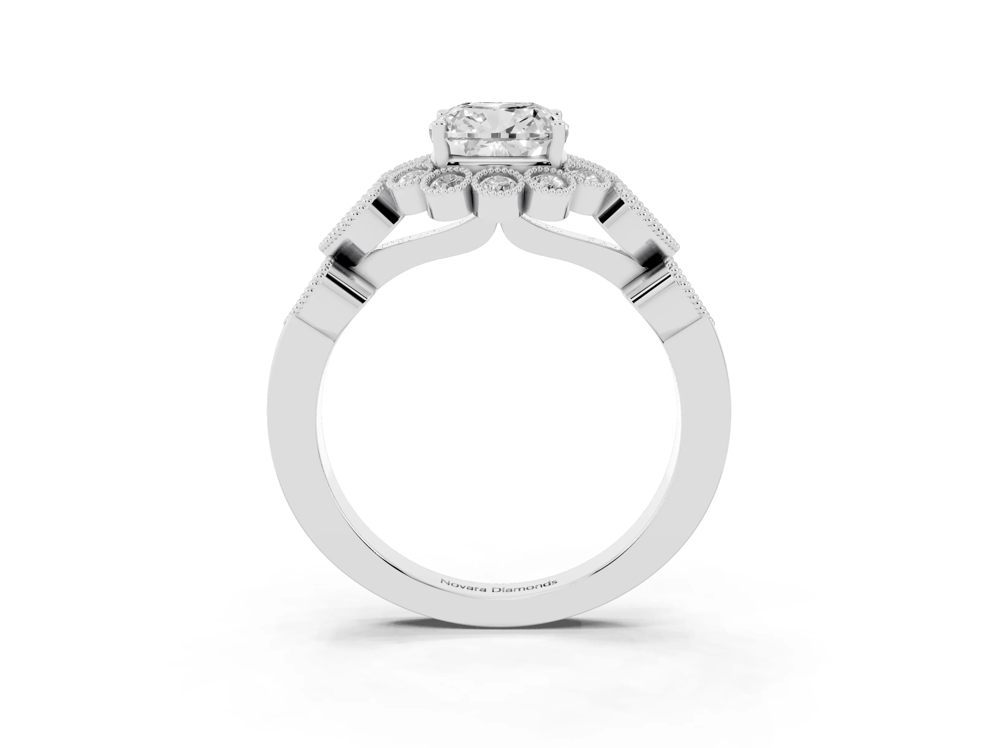 Cushion Cut Diamond Solitaire Ring Set in Platinum with Milgrain Pavé Heart Band