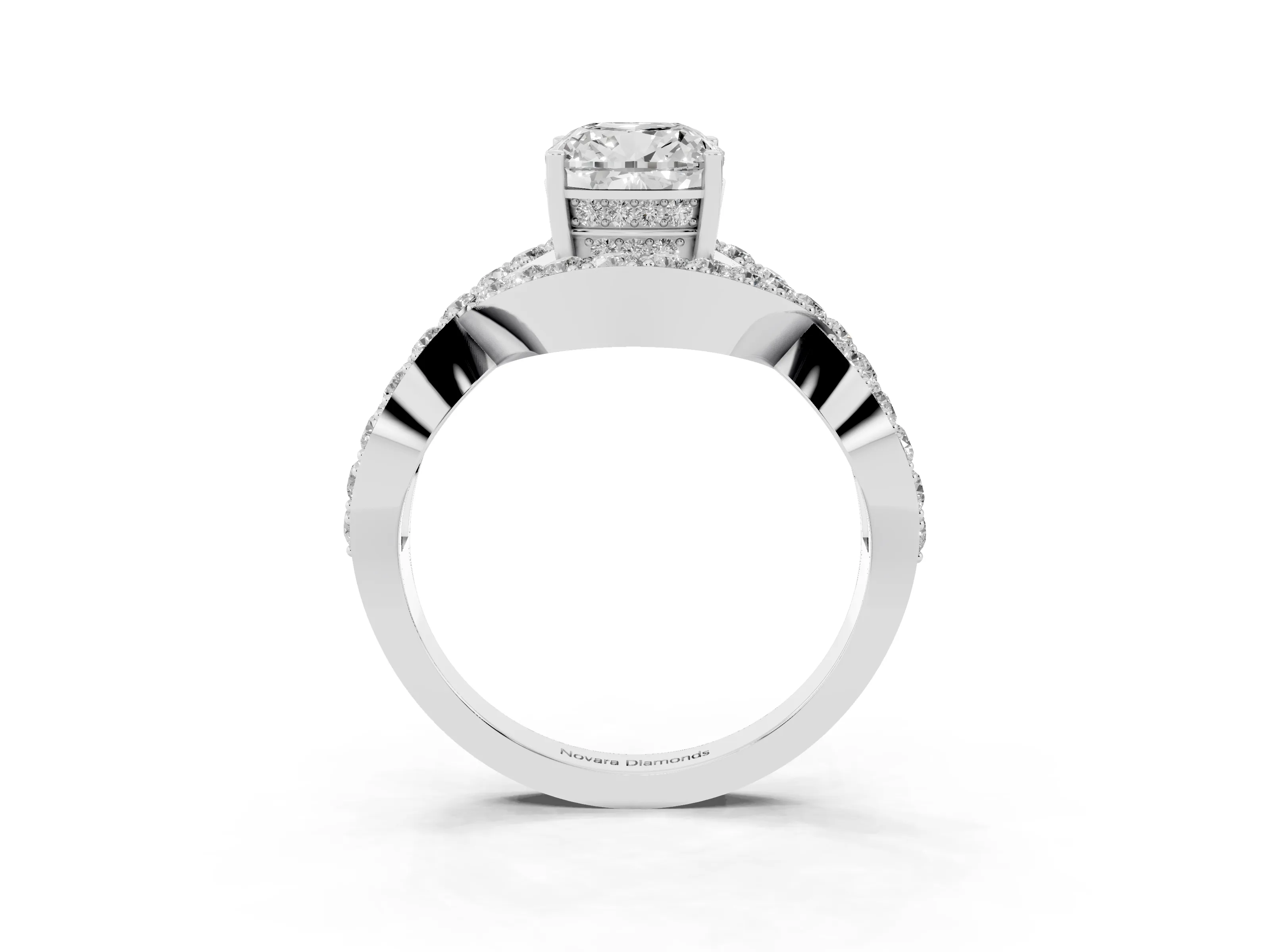 Cushion Cut Diamond Solitaire Twist Band Pavé Engagement Ring Set in Platinum