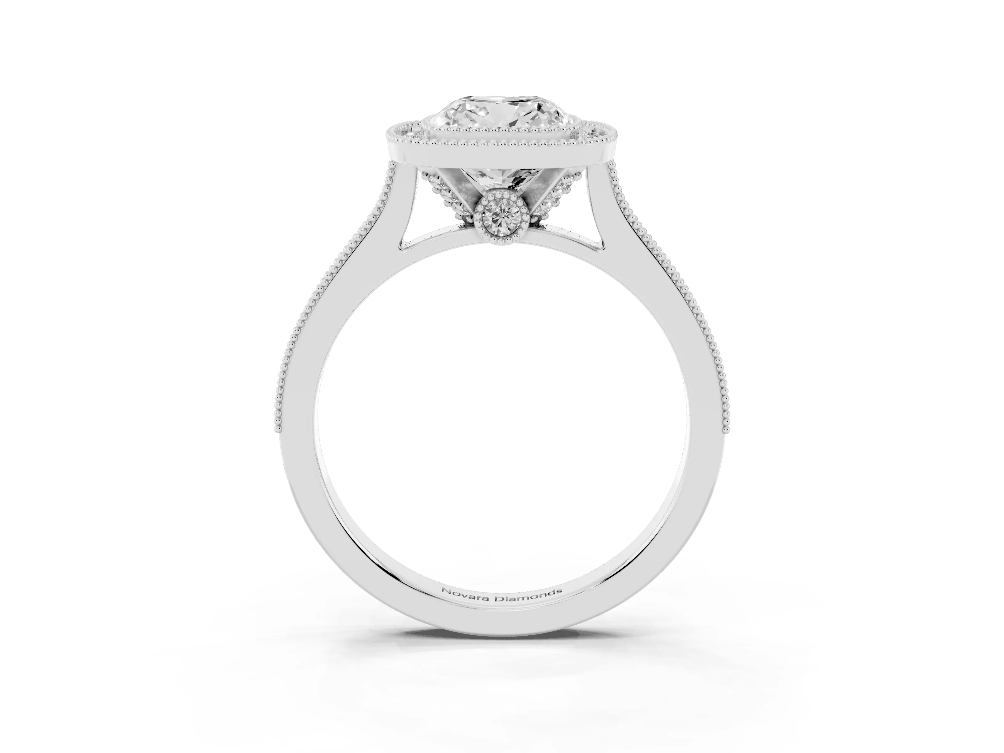 Cushion Cut Diamond Halo Milgrain Pavé Band Ring Set in Platinum with Prong Setting