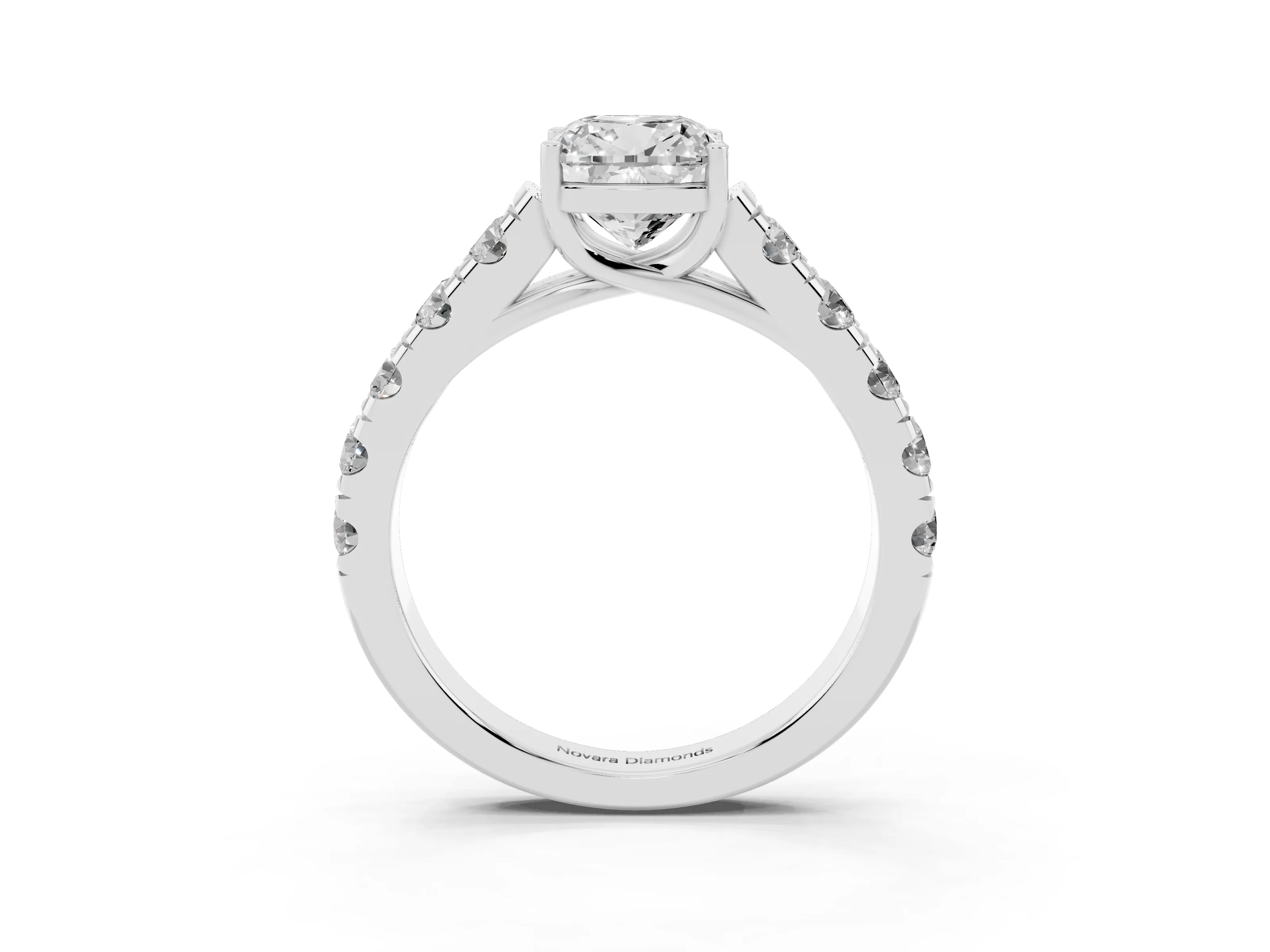 Cushion Cut Diamond Solitaire Ring Set in Silver with Cut-Down Micro Pavé Band and Prong Setting