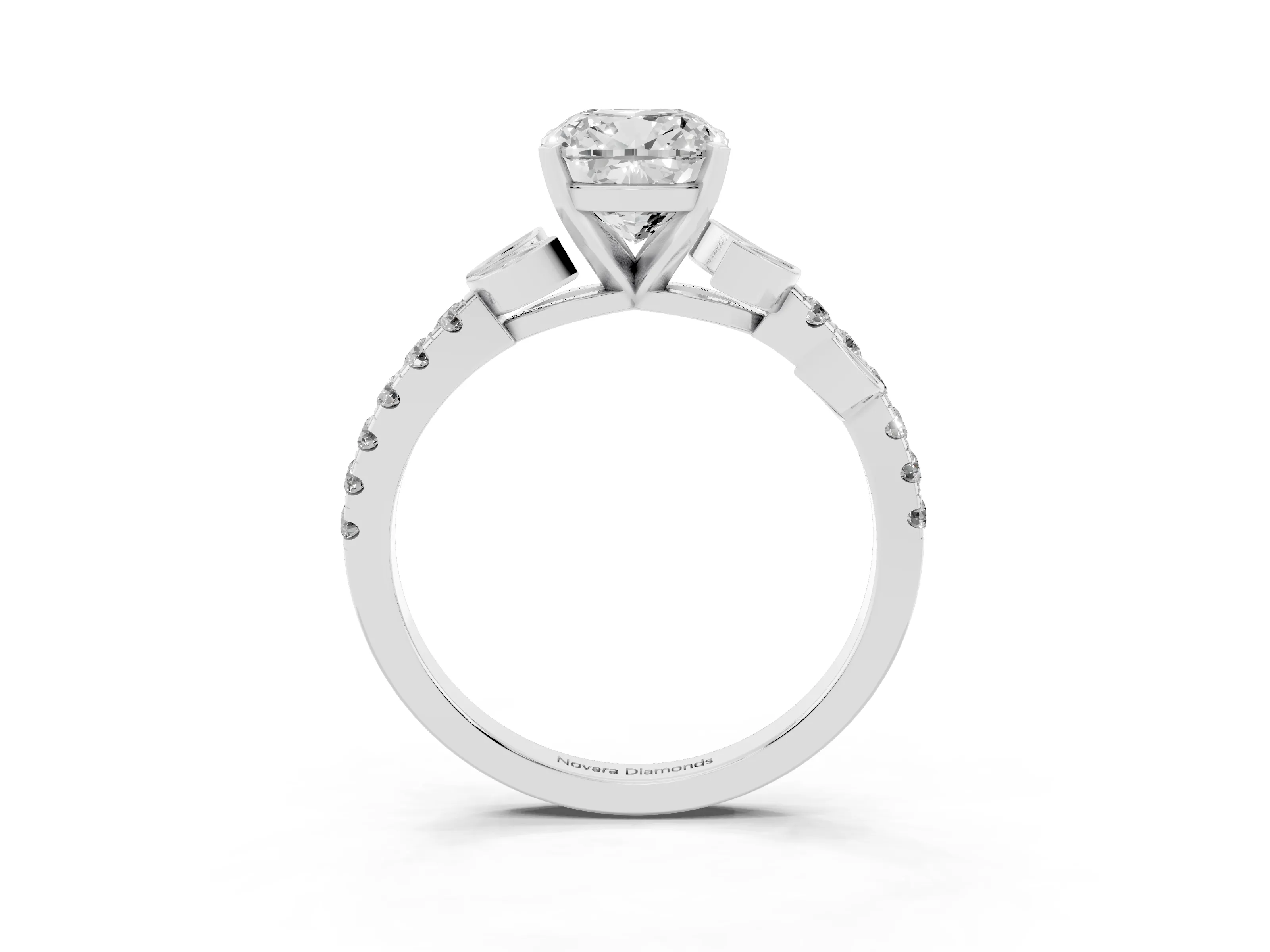 Cushion Cut Diamond Solitaire Leaf-Inspired Ring Set in Platinum with Pavé Band and Prong Setting