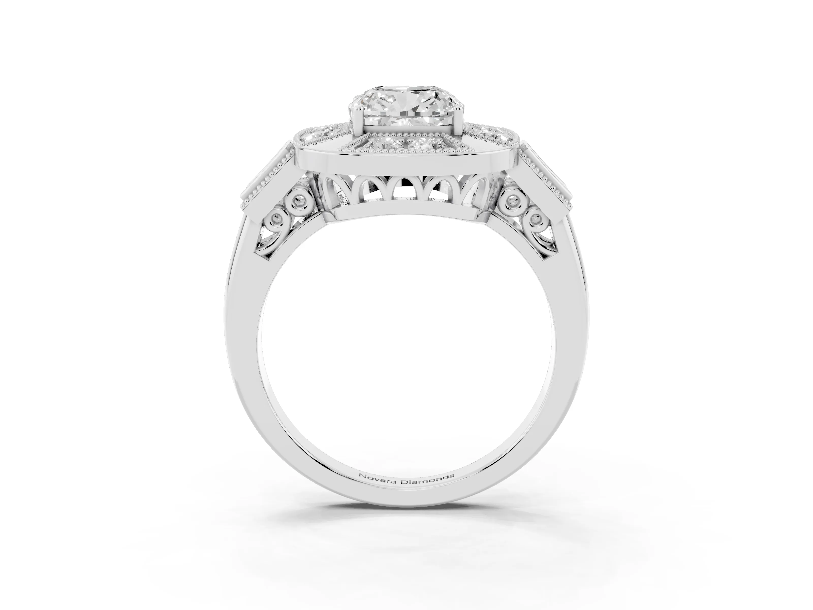 Cushion Cut Diamond Milgrain Halo Ring Set in Silver with Split Shank
