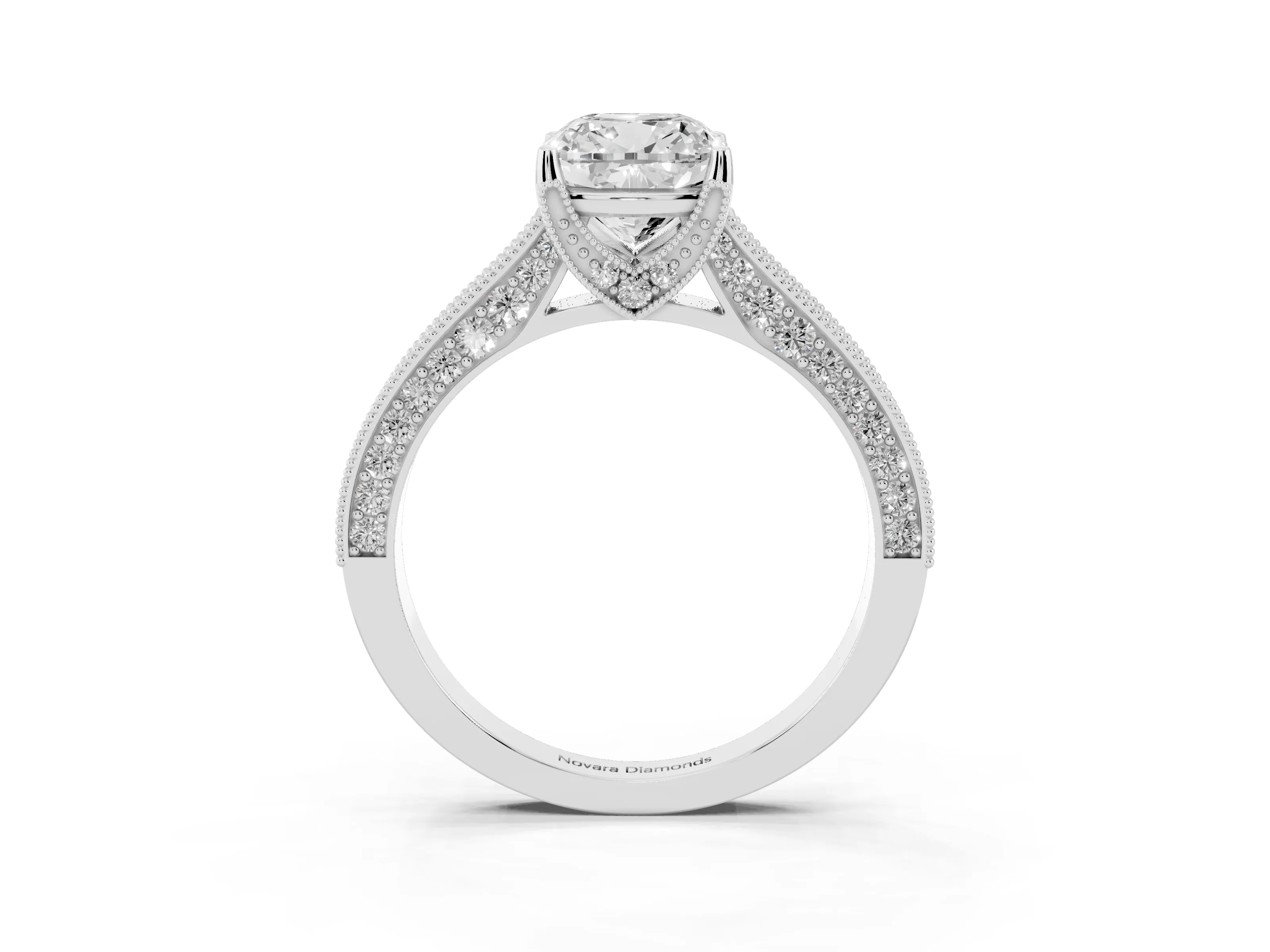 Cushion Cut Diamond Solitaire Ring Set in Silver with Milgrain-Edged Pavé Band and Prong Setting