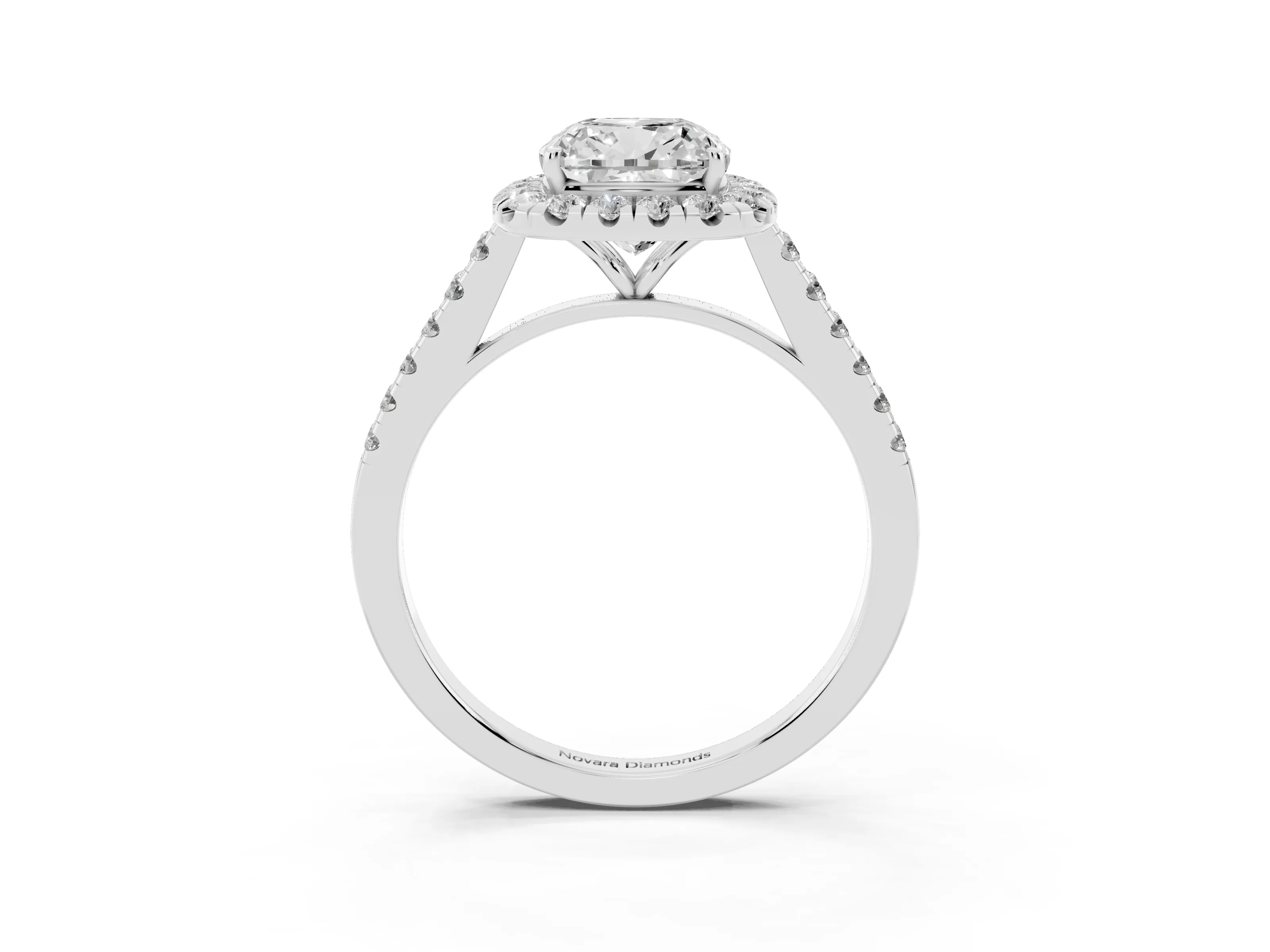 Cushion Cut Diamond Halo Pavé Engagement Ring Set in White gold with Prong Setting