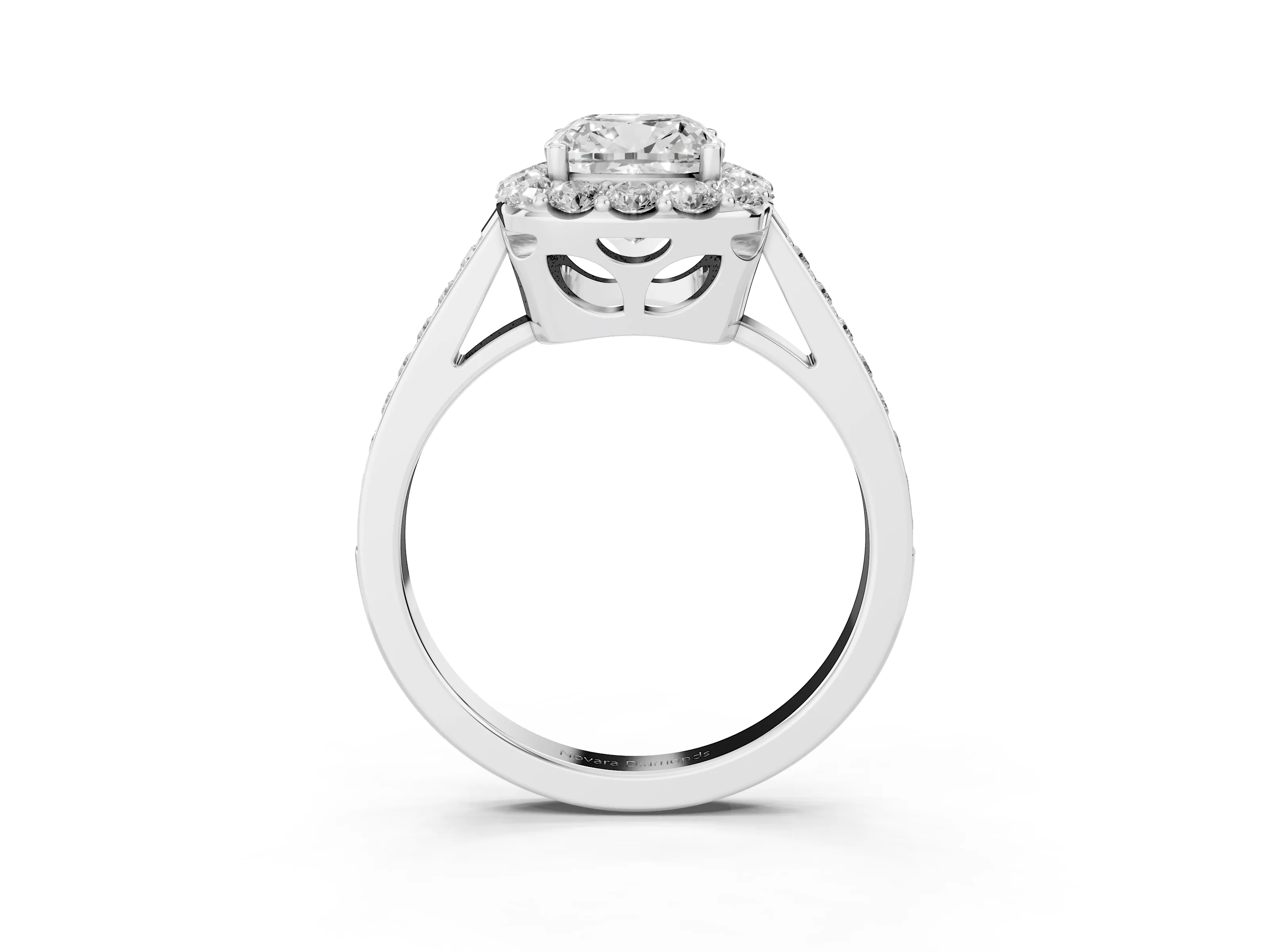 Cushion Cut Diamond Floral Halo Ring Set in White gold with Pavé Band and Prong Setting