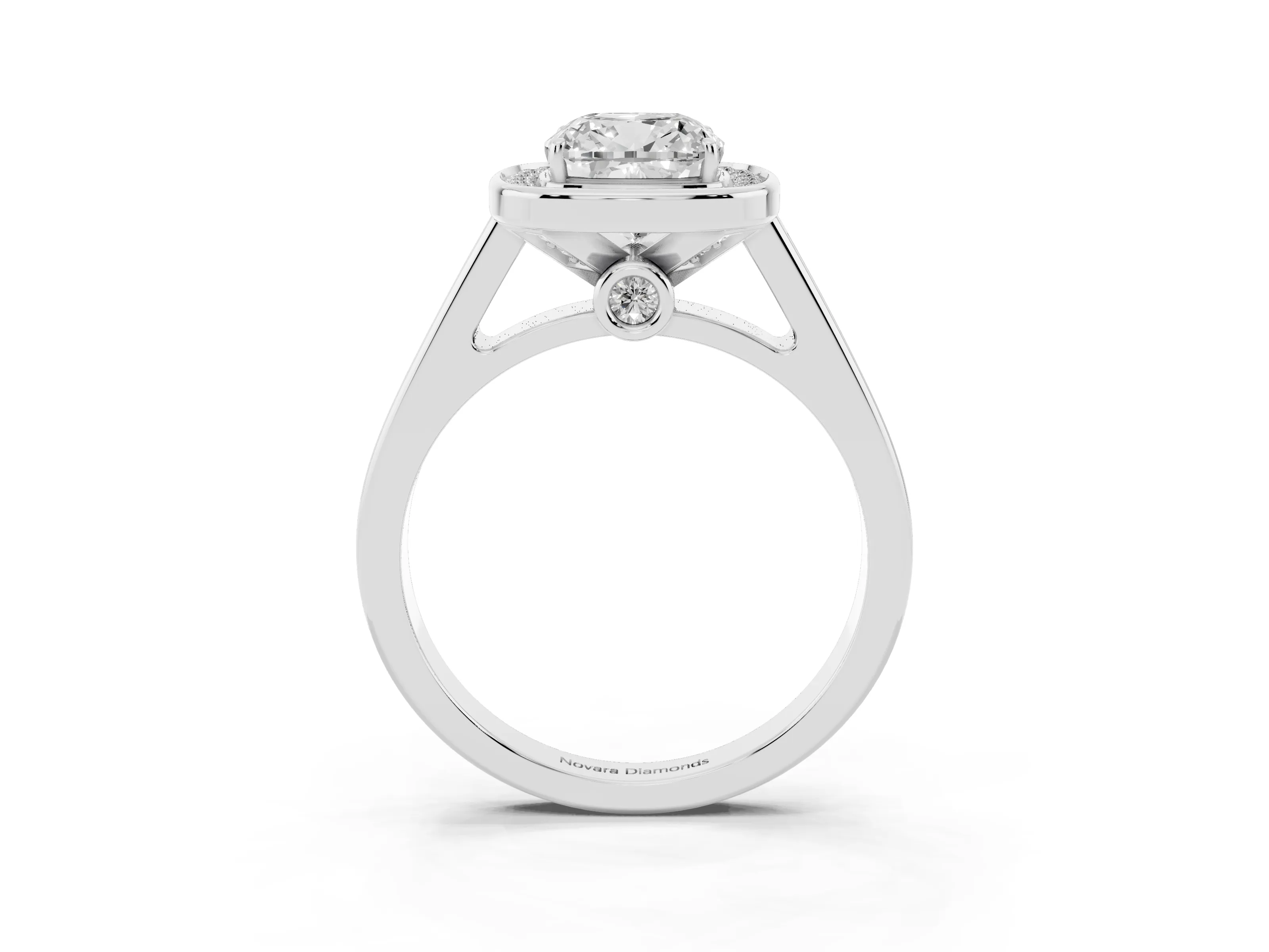 Cushion Cut Diamond Halo Solitaire Ring Set in White gold with Pavé Band and Bezel Setting