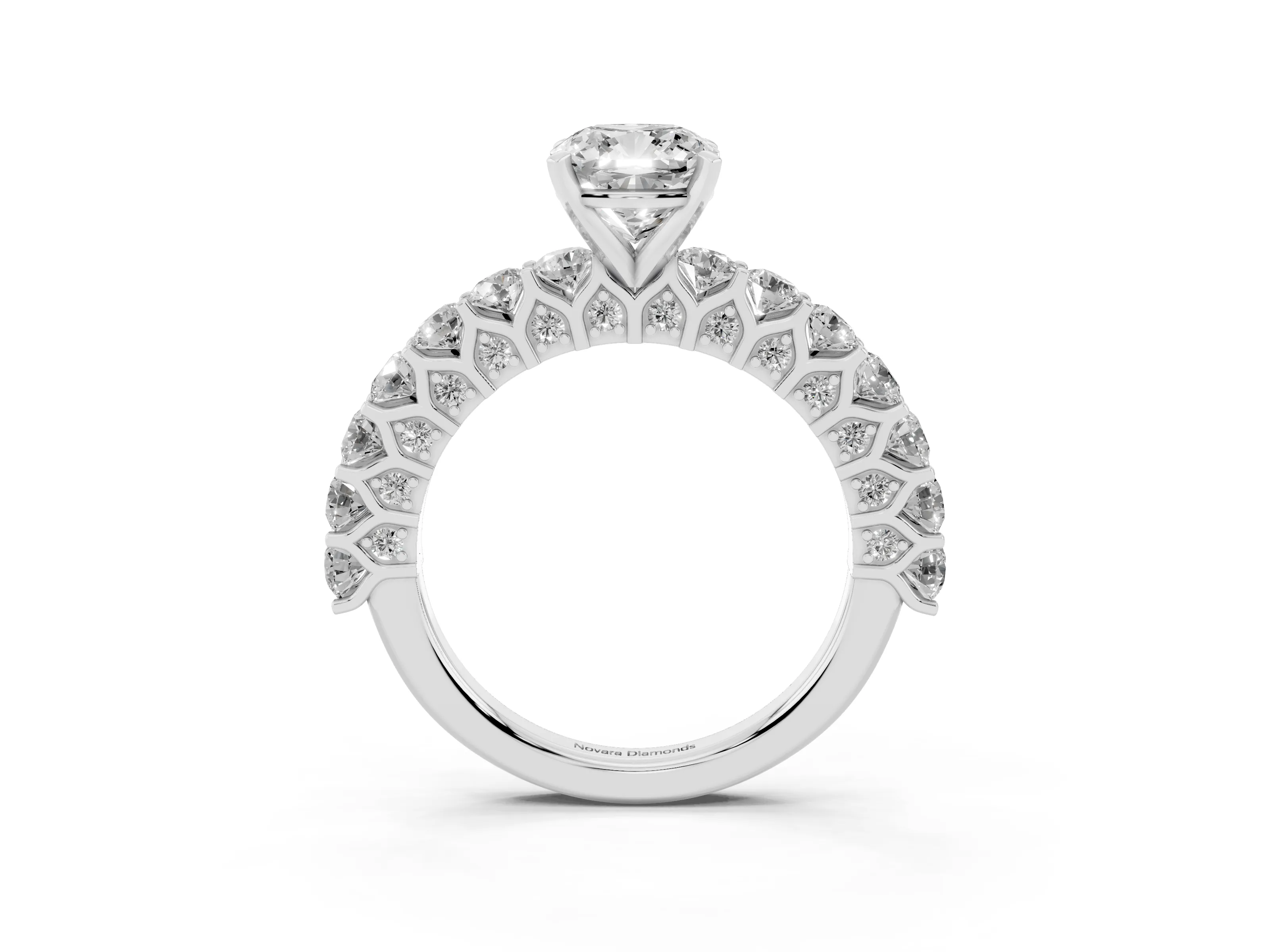 Cushion Cut Diamond Solitaire Ring Set in Silver with Shared Prong Pavé Band