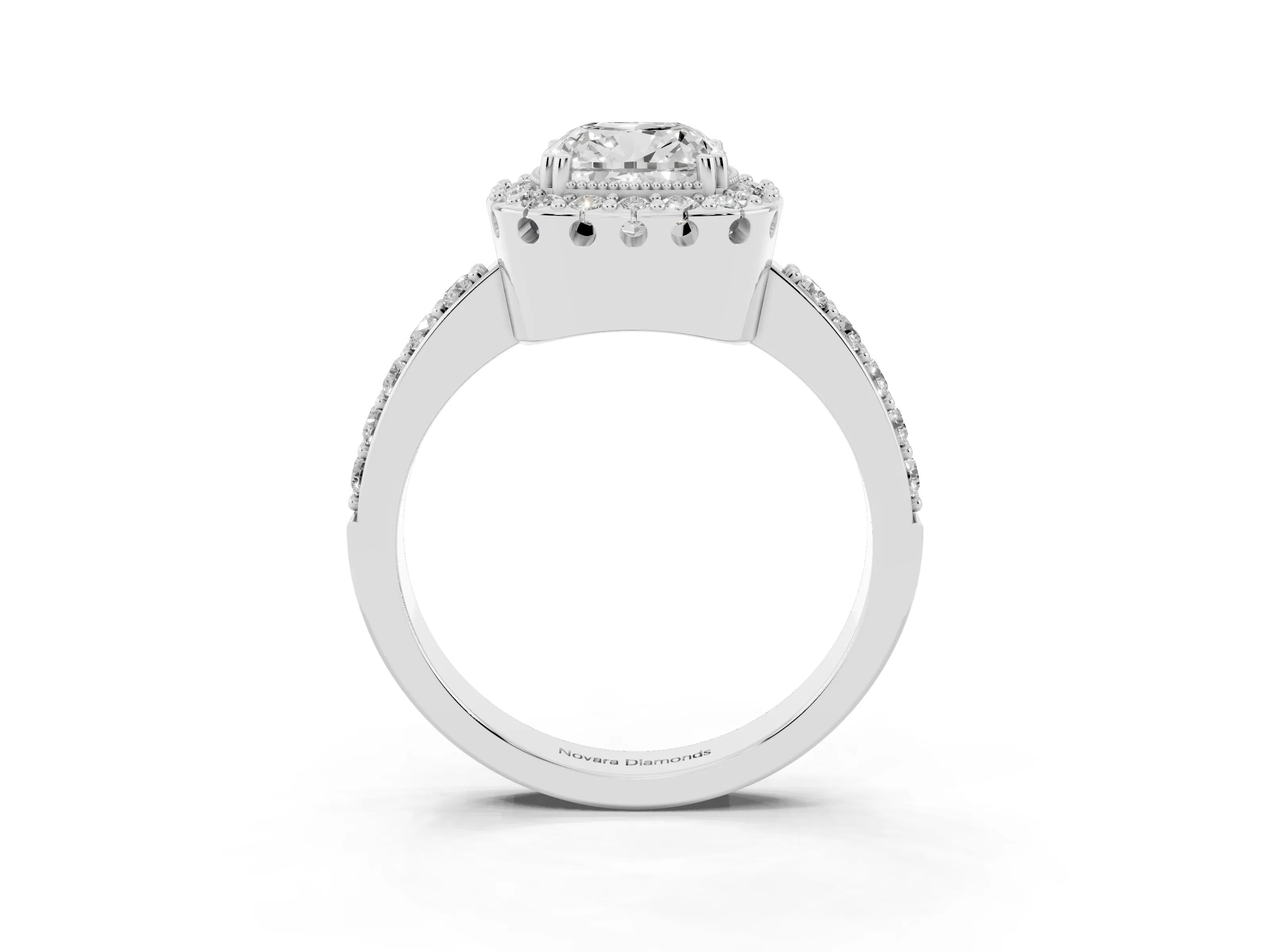 Cushion Cut Diamond Halo Ring Set in White gold with Pavé Shank and Prong Setting