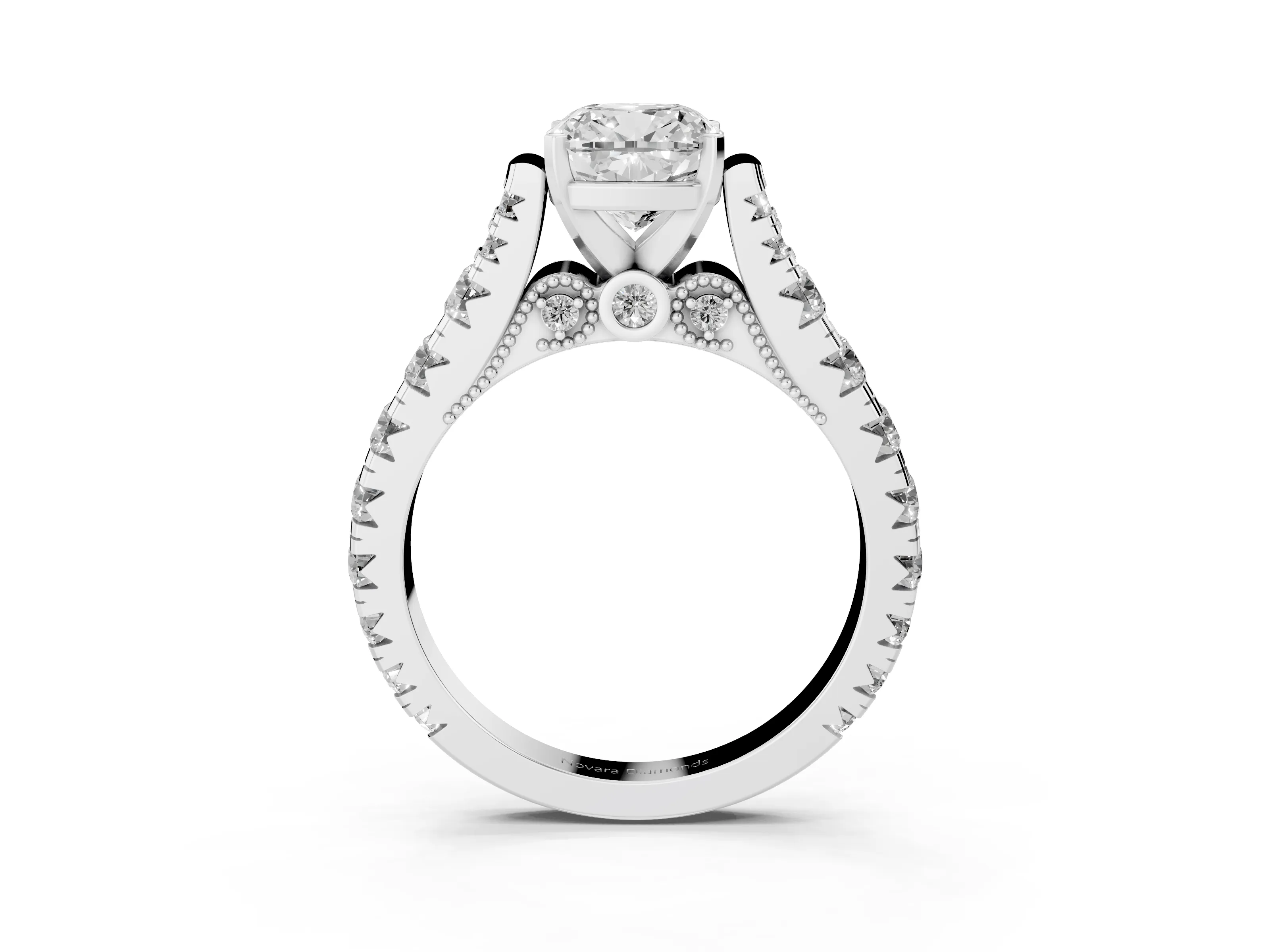 Cushion Cut Diamond Classic Solitaire Ring Set in Platinum with Pavé Band and Prong Setting