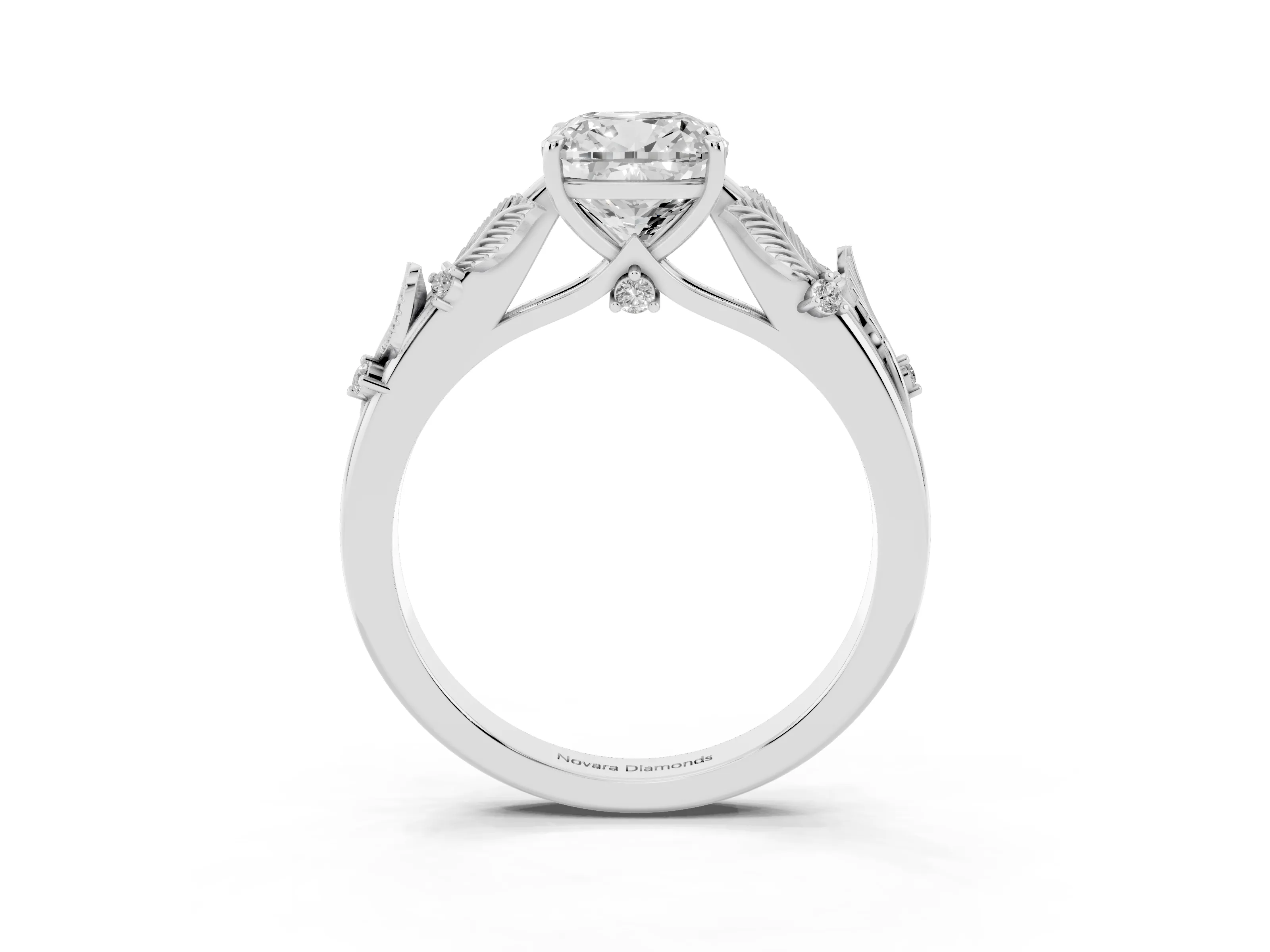 Cushion Cut Diamond Solitaire Ring Set in White gold with Leaf Motif Band